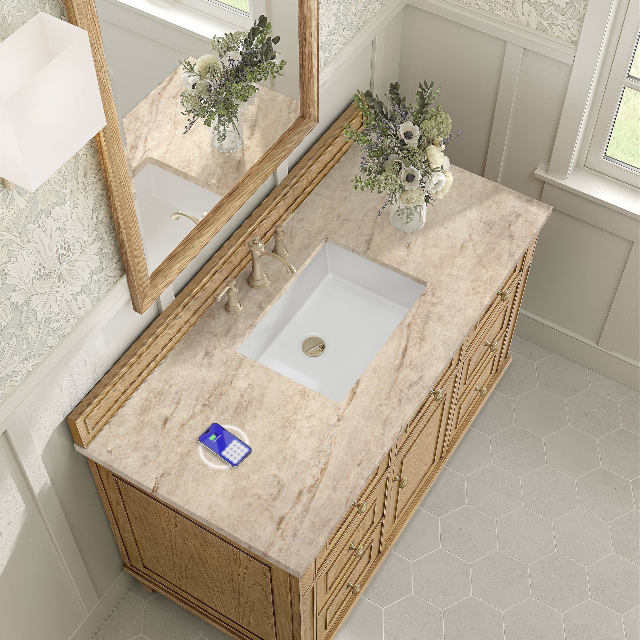 James Martin Lorelai 48" Single Bathroom Vanity, Light Natural Oak with Tajnar (FreePower) countertop