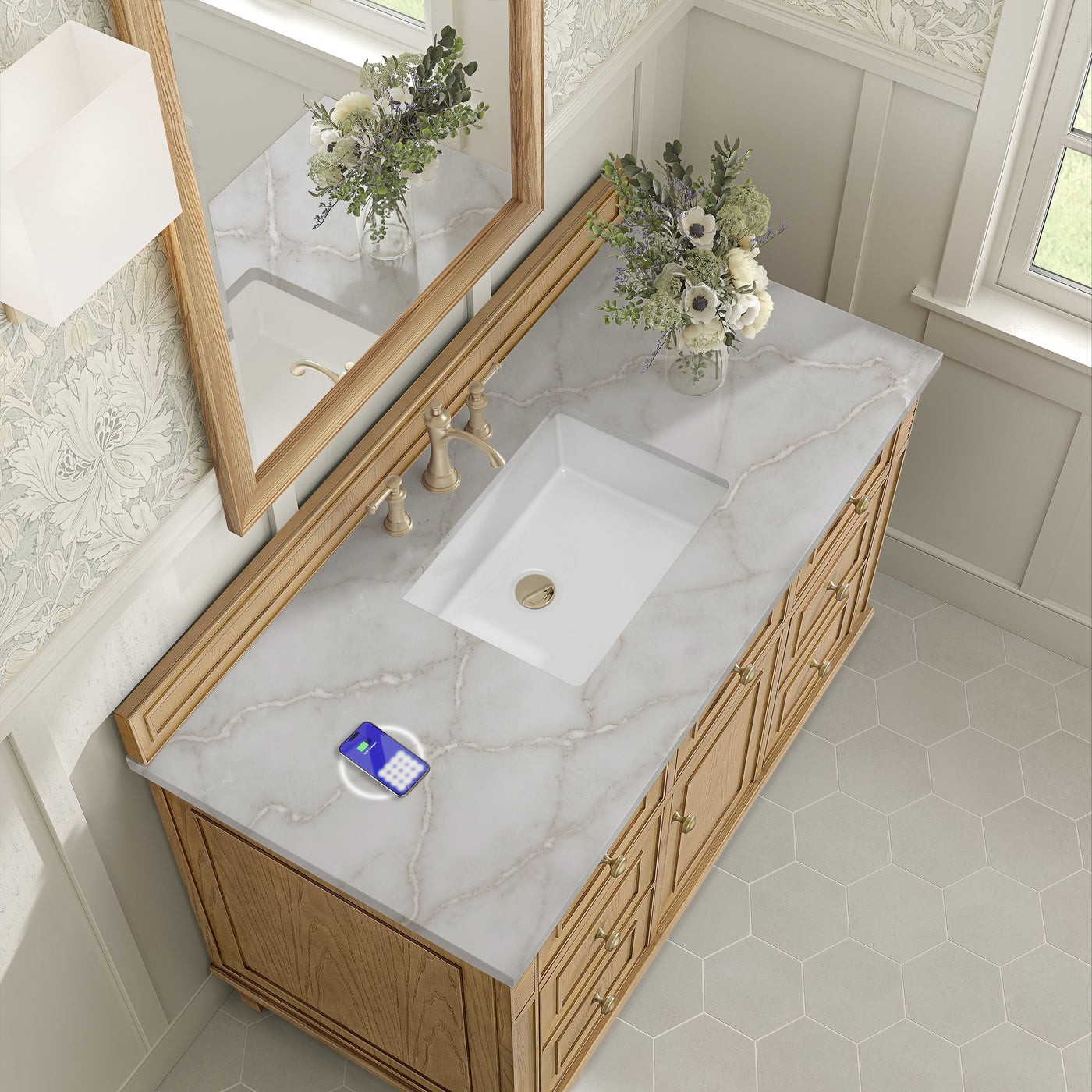 James Martin Lorelai 48" Single Bathroom Vanity, Light Natural Oak with Victorian Silver (FreePower) countertop