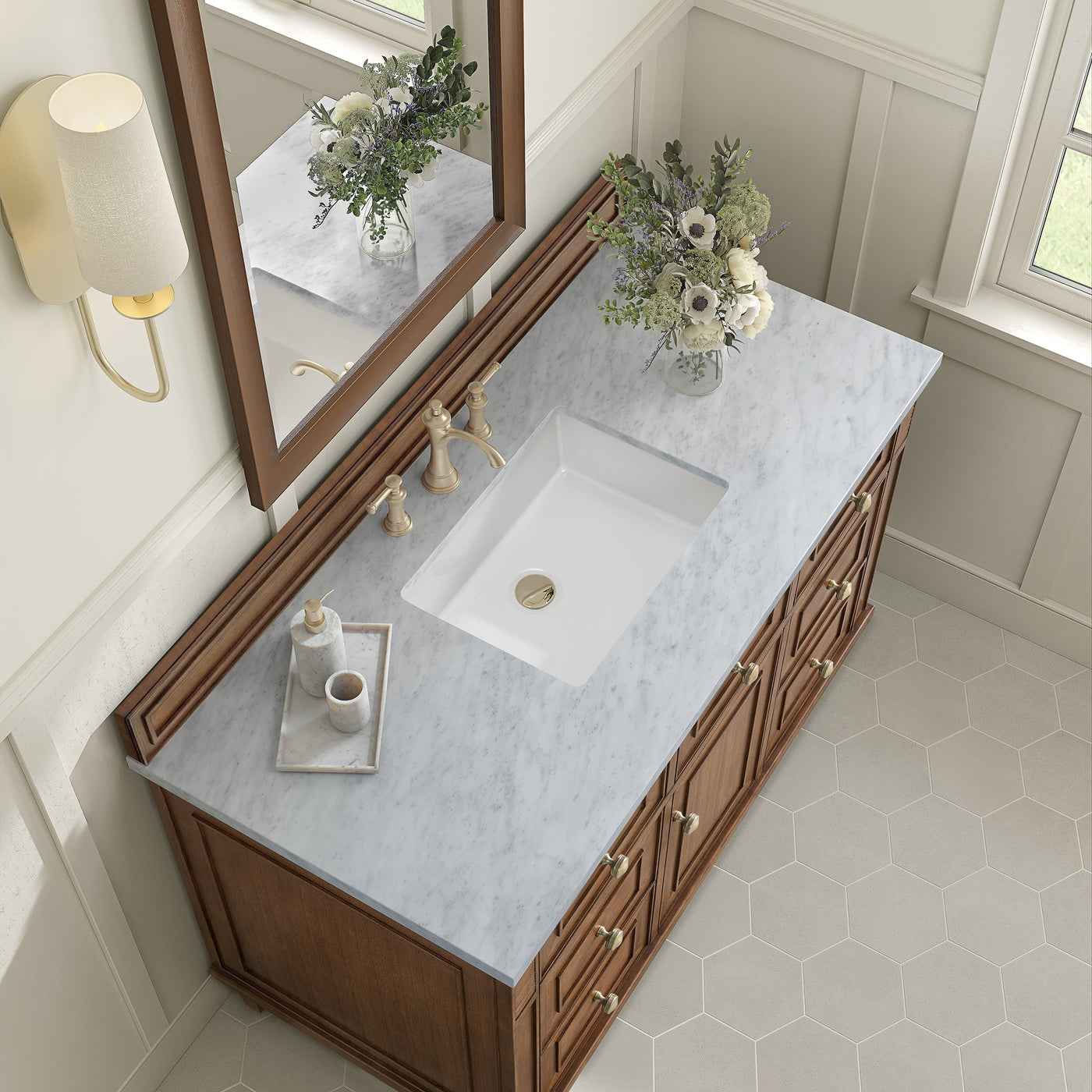 James Martin Lorelai 48" Single Bathroom Vanity, Mid-Century Walnut with Carrara White countertop