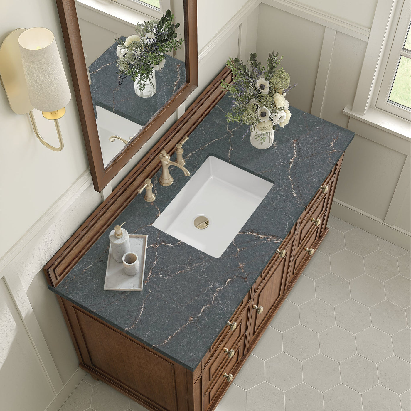 James Martin Lorelai 48" Single Bathroom Vanity, Mid-Century Walnut with Parisien Bleu countertop