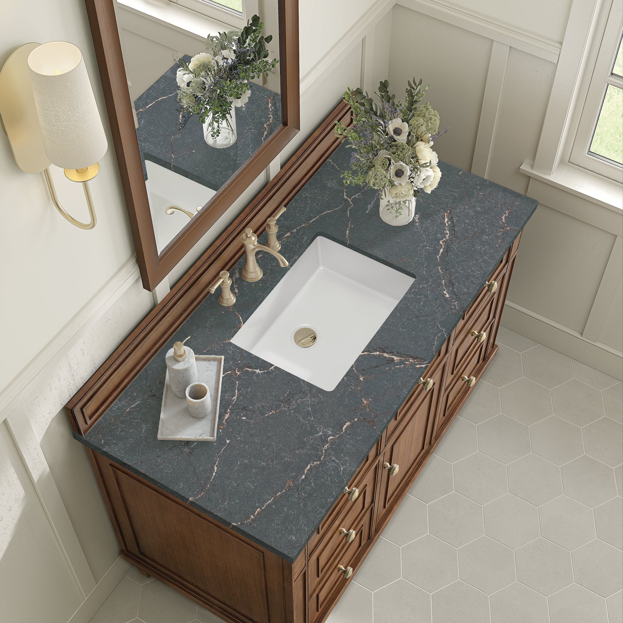 James Martin Lorelai 48" Single Bathroom Vanity, Mid-Century Walnut with Parisien Bleu countertop