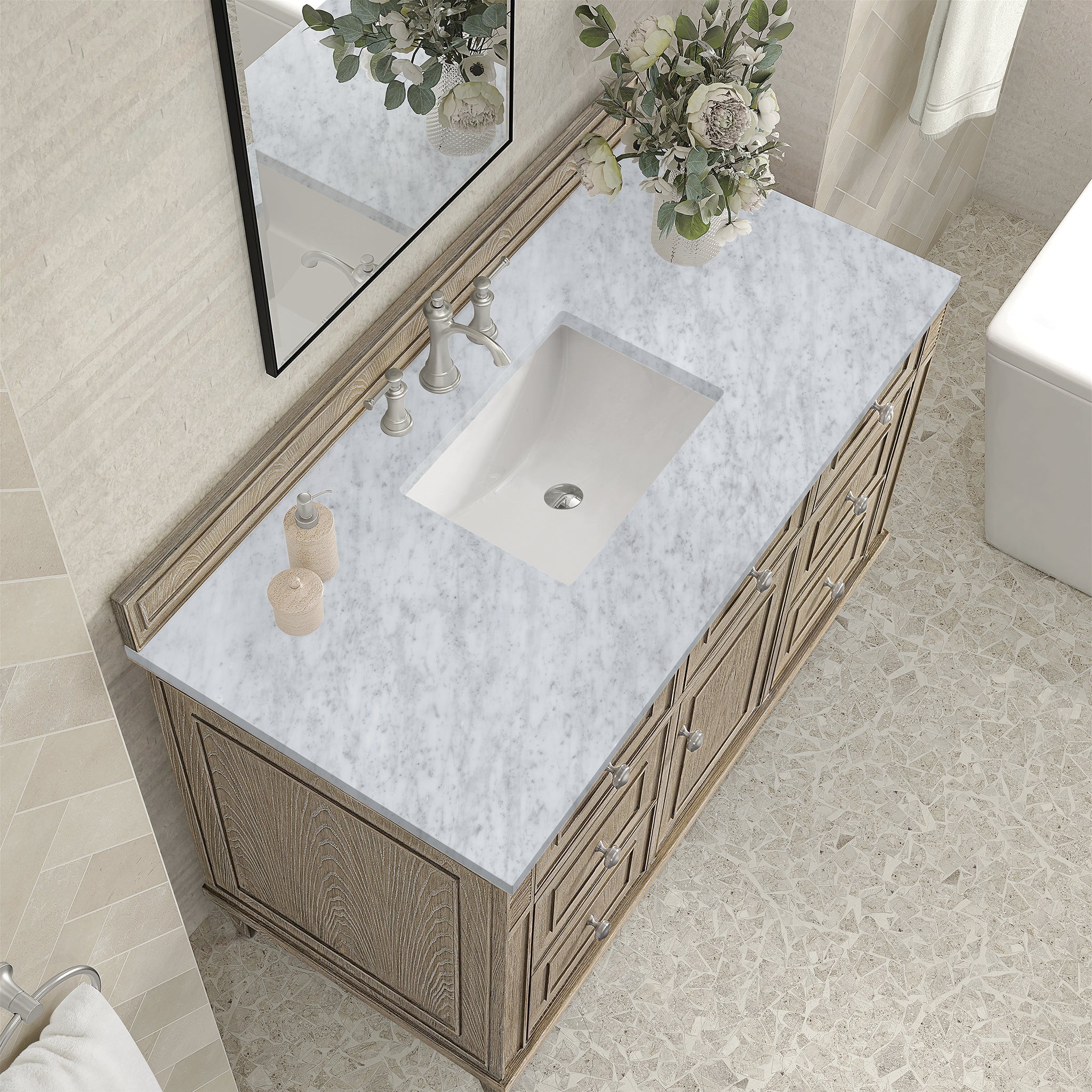 James Martin Lorelai 48" Single Bathroom Vanity, Whitewashed Oak with Carrara White countertop