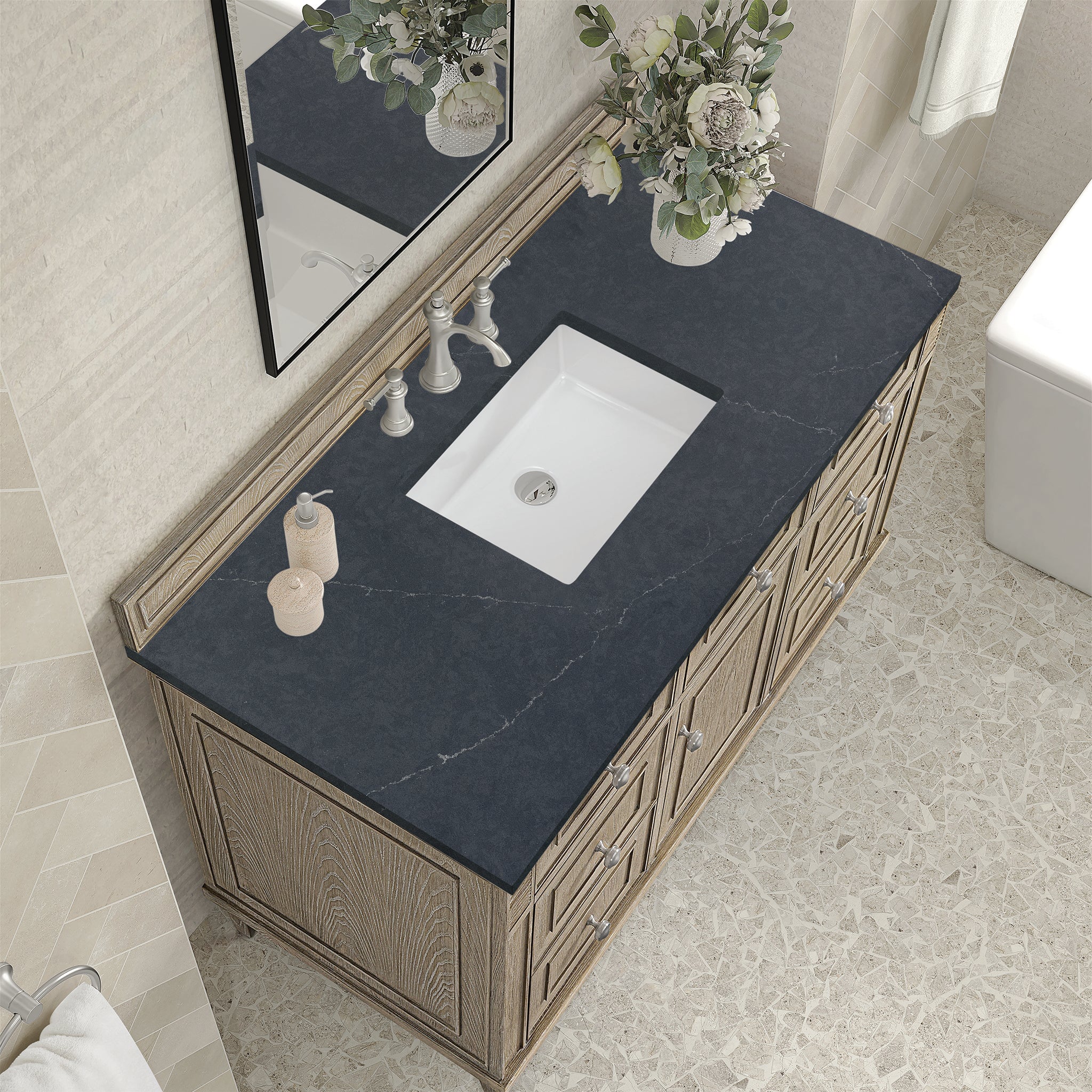 James Martin Lorelai 48" Single Bathroom Vanity, Whitewashed Oak with Charcoal Soapstone countertop