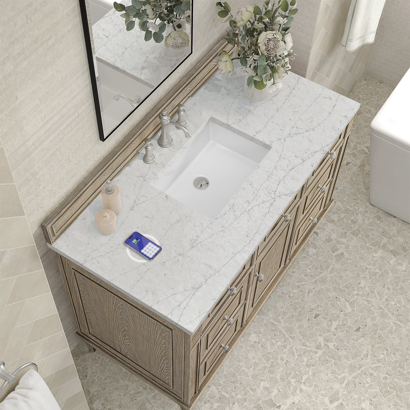 James Martin Lorelai 48" Single Bathroom Vanity, Whitewashed Oak with Eternal Jasmine Pearl (FreePower) countertop