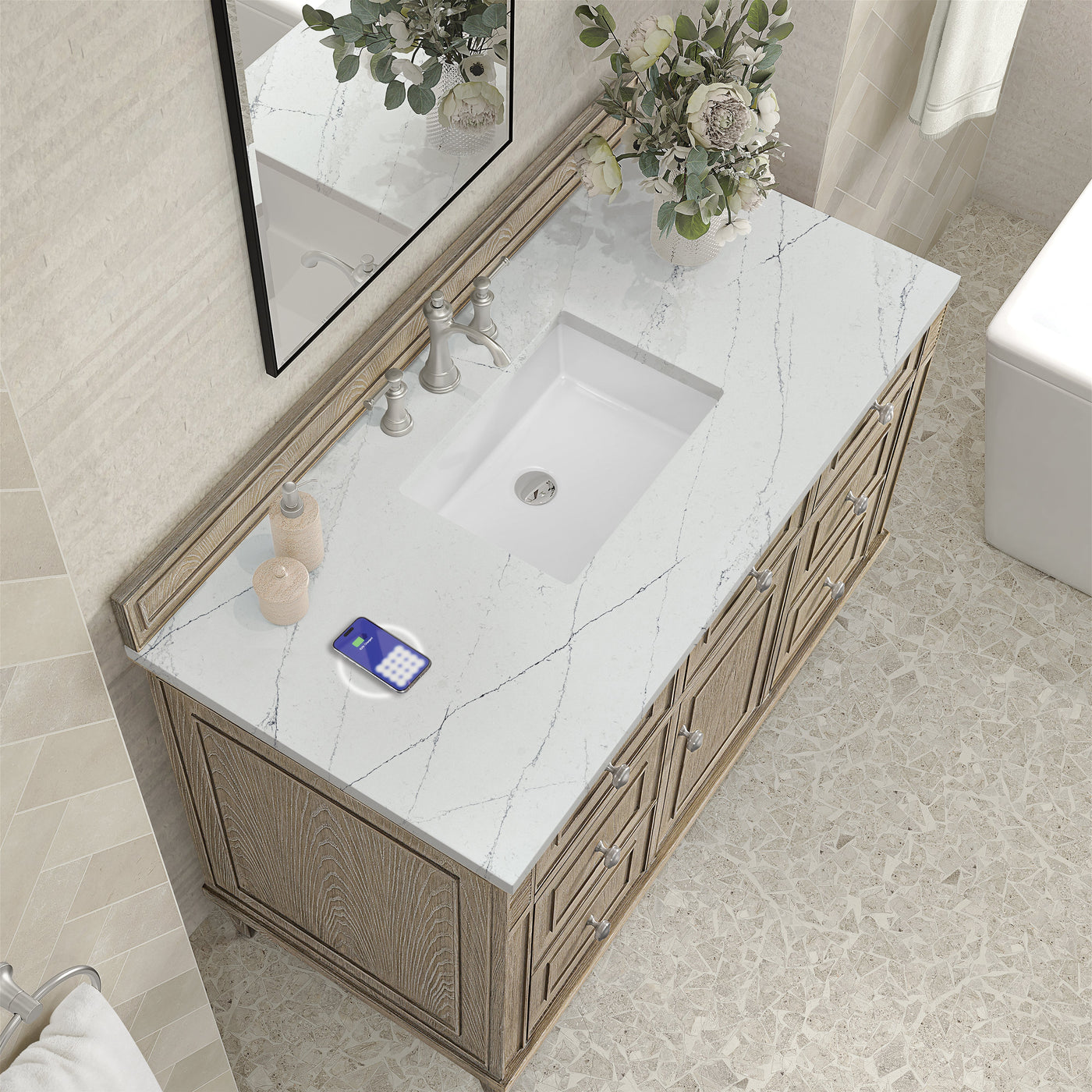 James Martin Lorelai 48" Single Bathroom Vanity, Whitewashed Oak with Ethereal Noctis (FreePower) countertop