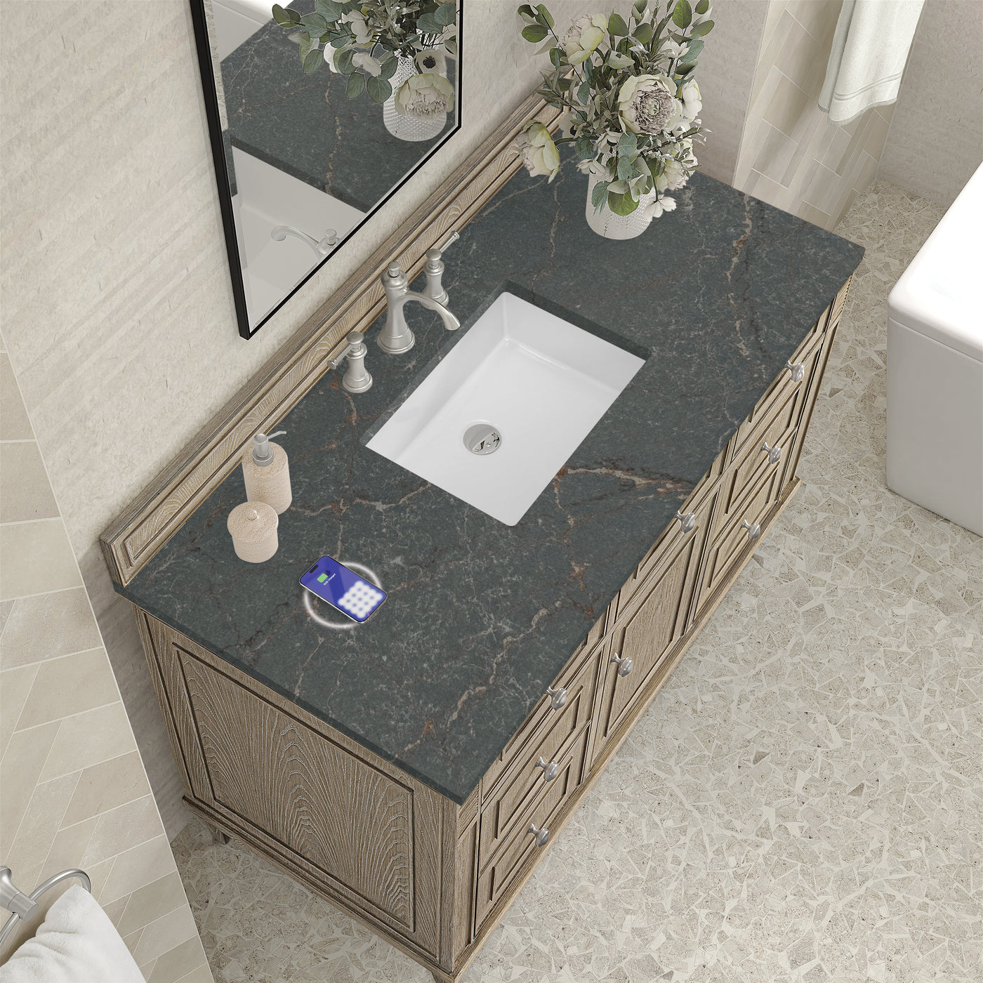 James Martin Lorelai 48" Single Bathroom Vanity, Whitewashed Oak with Parisien Bleu (FreePower) countertop