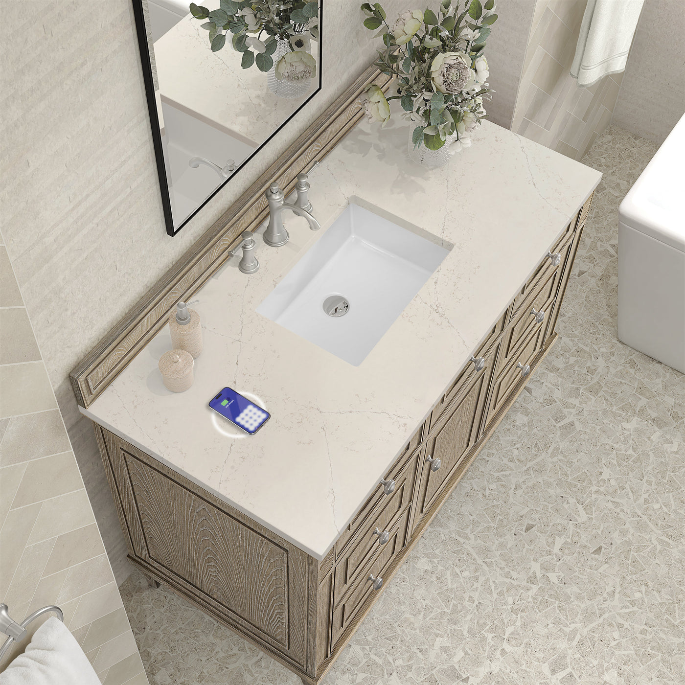 James Martin Lorelai 48" Single Bathroom Vanity, Whitewashed Oak with Siberian (FreePower) countertop