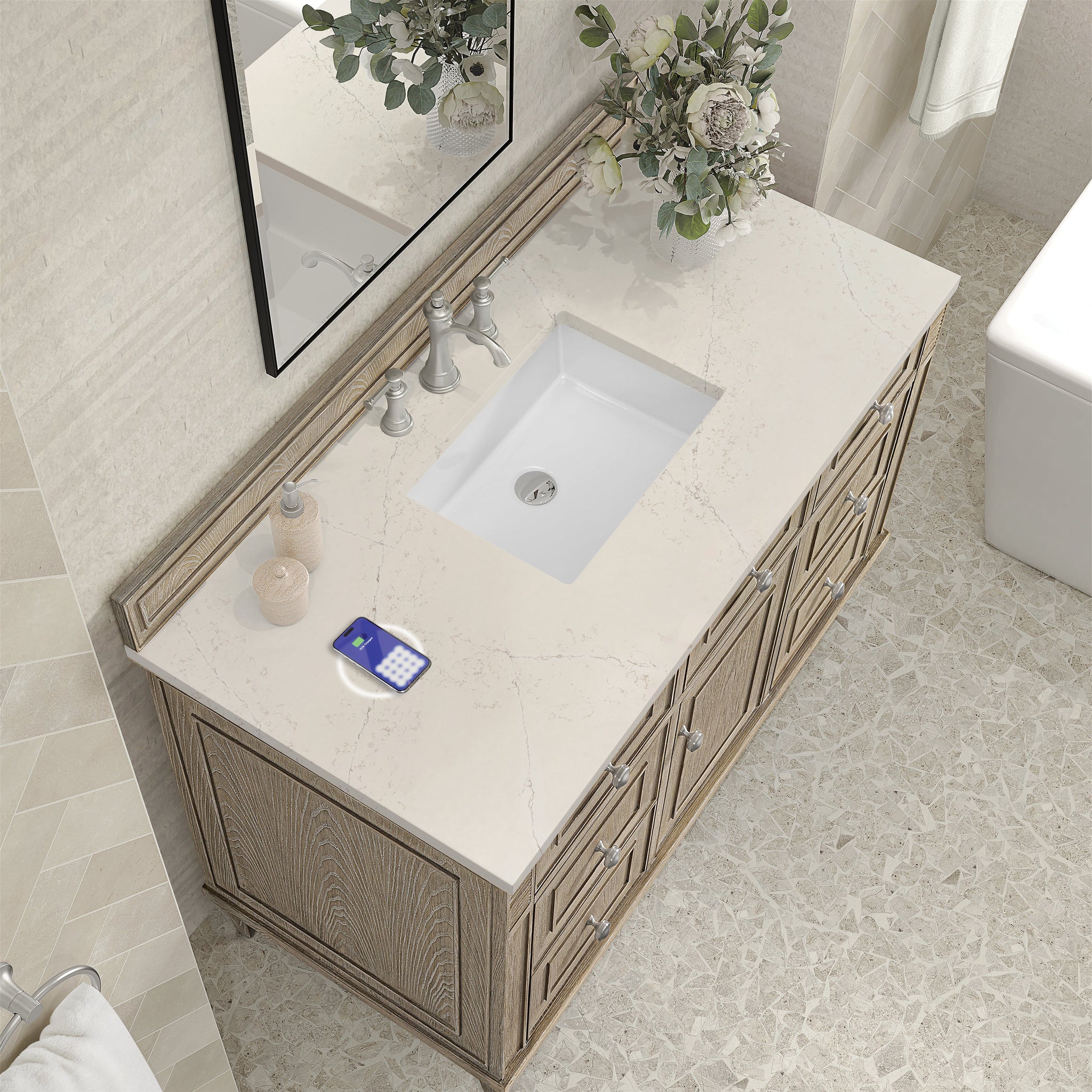 James Martin Lorelai 48" Single Bathroom Vanity, Whitewashed Oak with Siberian (FreePower) countertop