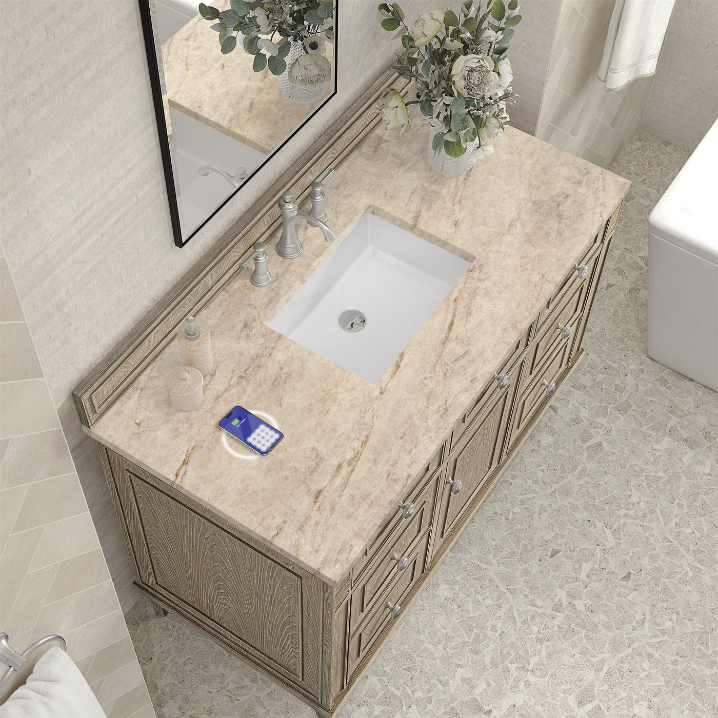 James Martin Lorelai 48" Single Bathroom Vanity, Whitewashed Oak with Tajnar (FreePower) countertop