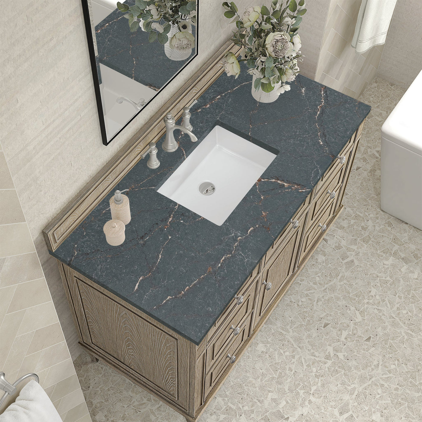 James Martin Lorelai 48" Single Bathroom Vanity, Whitewashed Oak with Parisien Bleu countertop