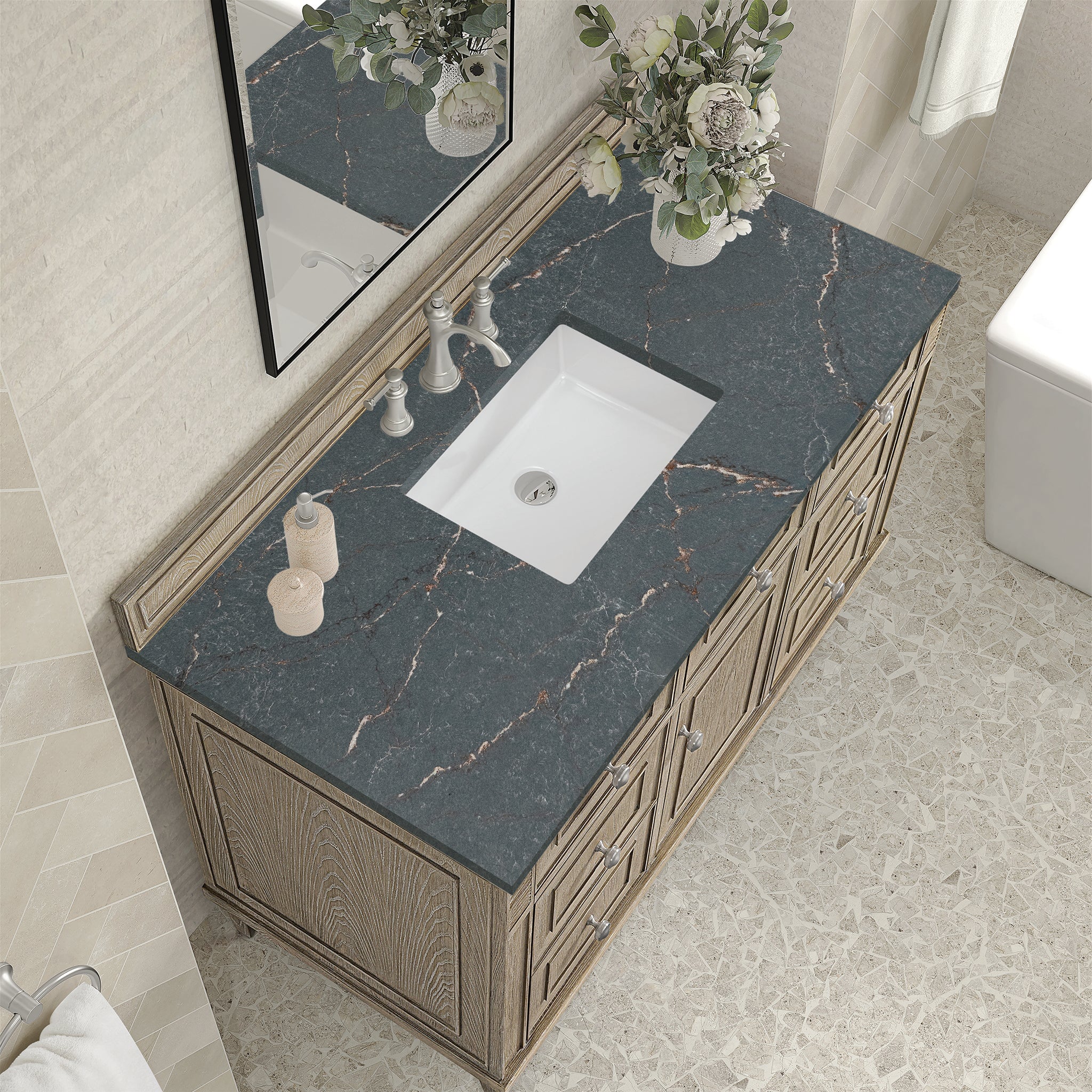 James Martin Lorelai 48" Single Bathroom Vanity, Whitewashed Oak with Parisien Bleu countertop