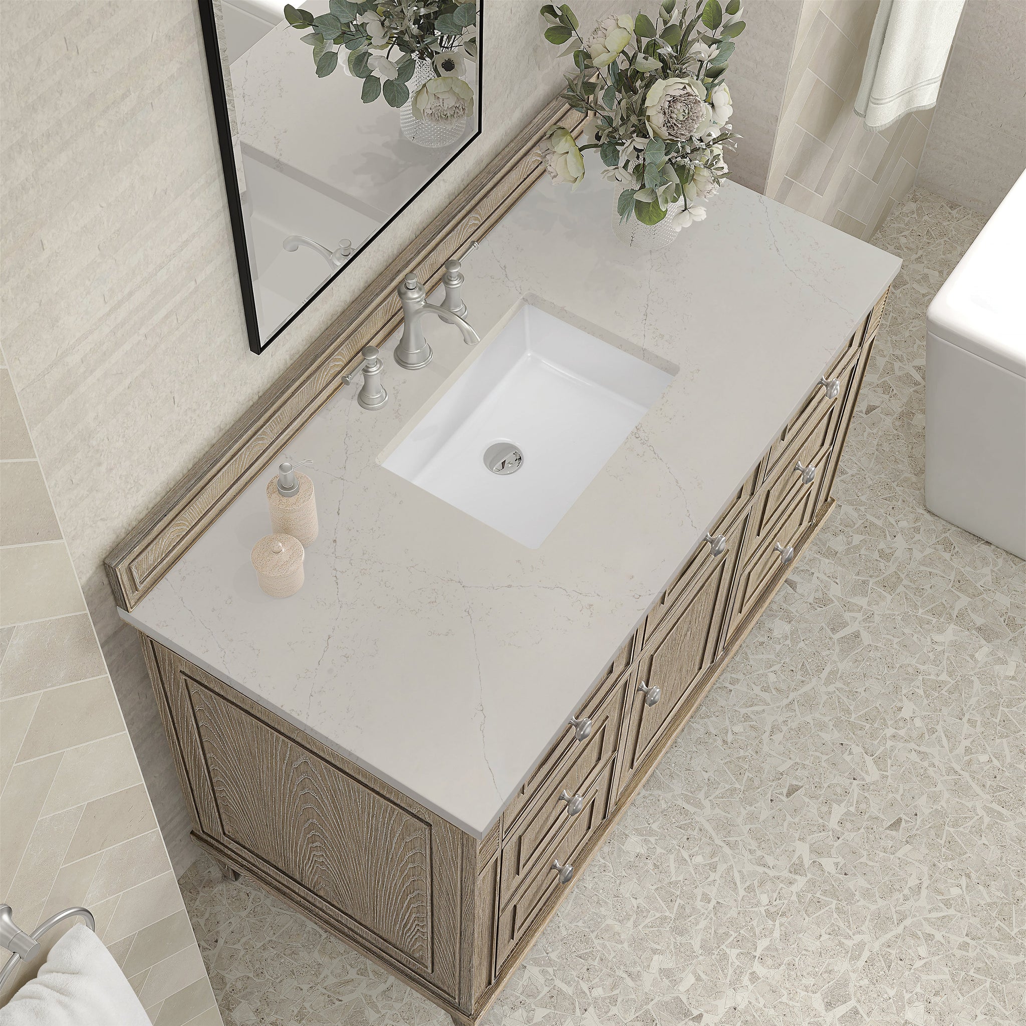 James Martin Lorelai 48" Single Bathroom Vanity, Whitewashed Oak with Siberian countertop