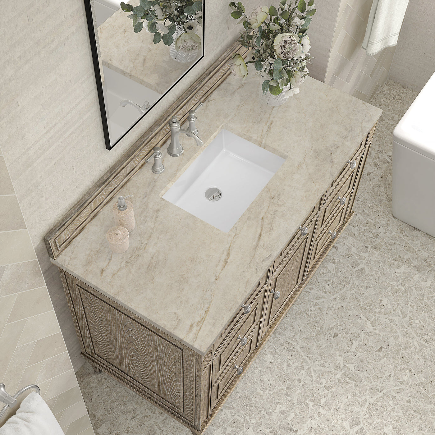 James Martin Lorelai 48" Single Bathroom Vanity, Whitewashed Oak with Tajnar countertop