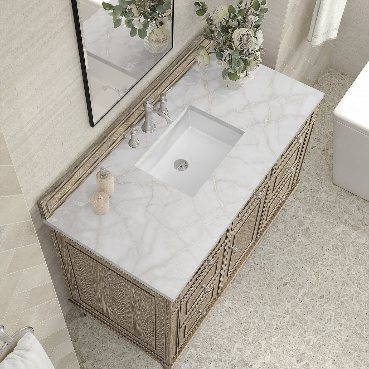 James Martin Lorelai 48" Single Bathroom Vanity, Whitewashed Oak with Victorian Silver countertop