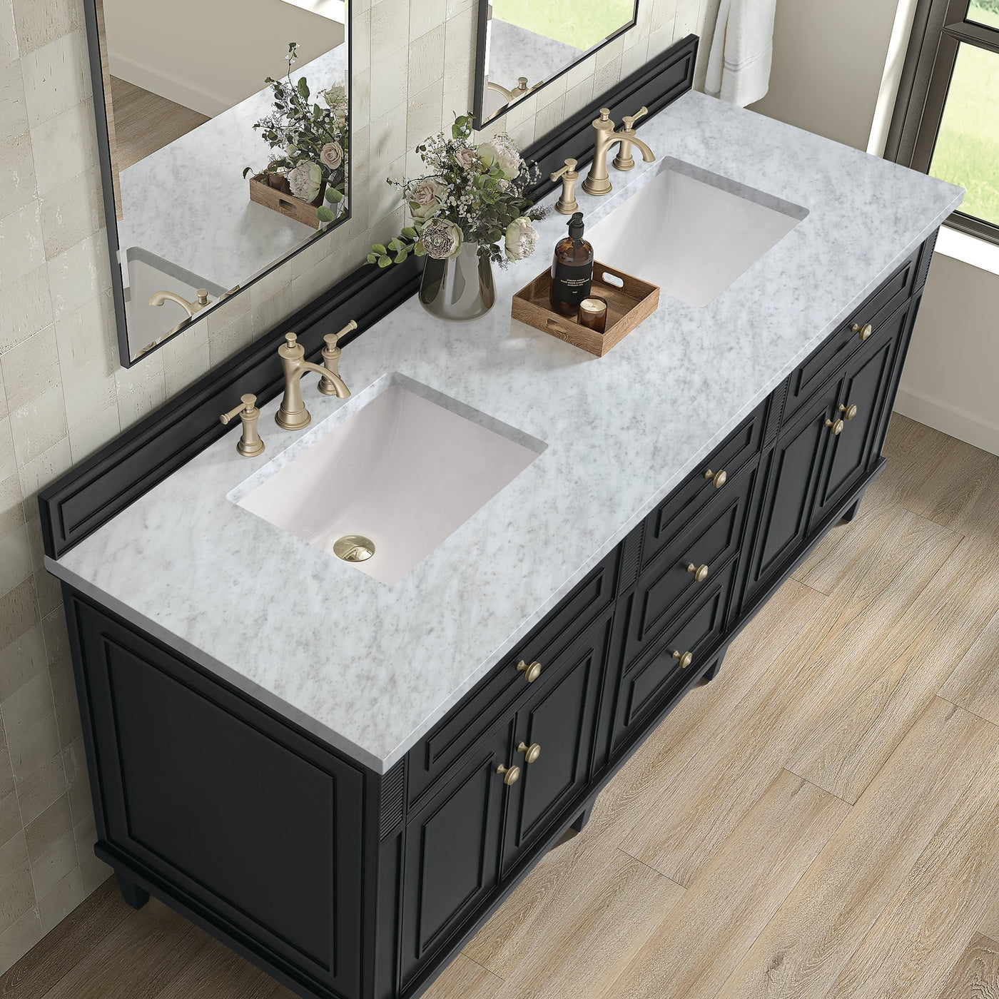 James Martin Lorelai 60" Double Bathroom Vanity, Black Onyx with Carrara White countertop