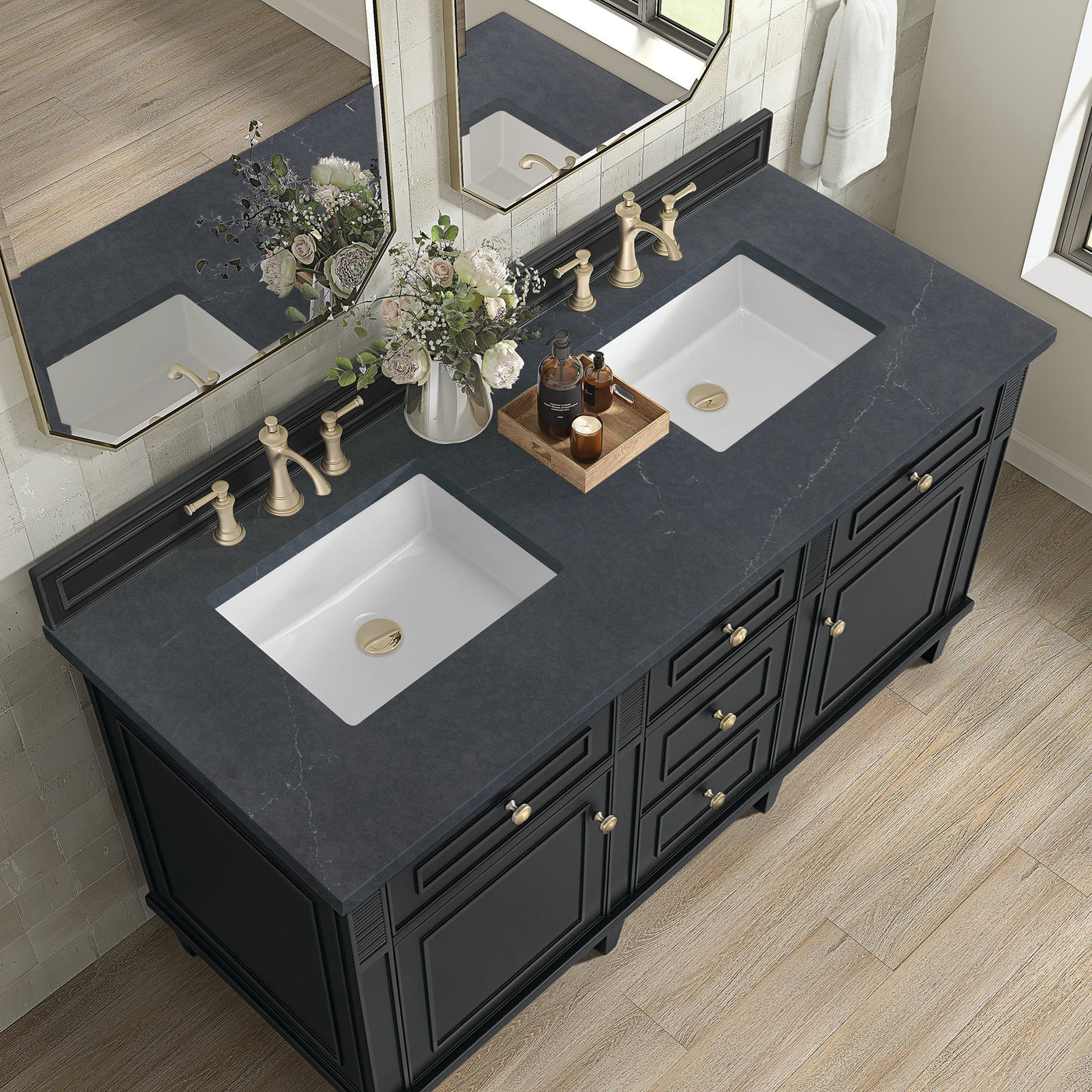 James Martin Lorelai 60" Double Bathroom Vanity, Black Onyx with Charcoal Soapstone countertop
