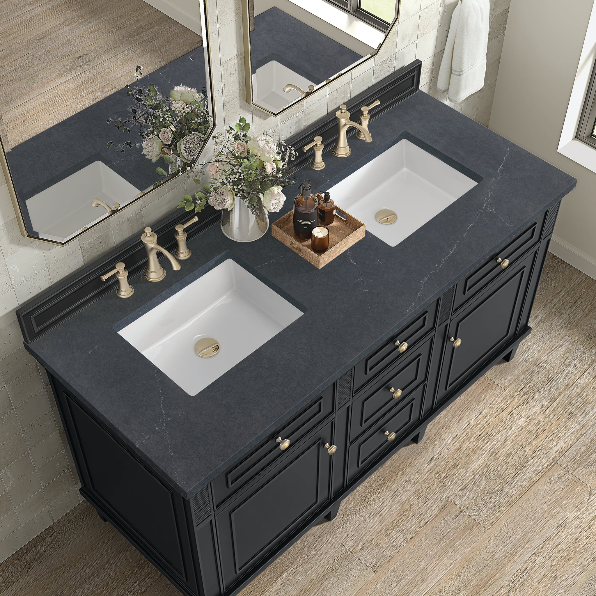 James Martin Lorelai 60" Double Bathroom Vanity, Black Onyx with Charcoal Soapstone countertop