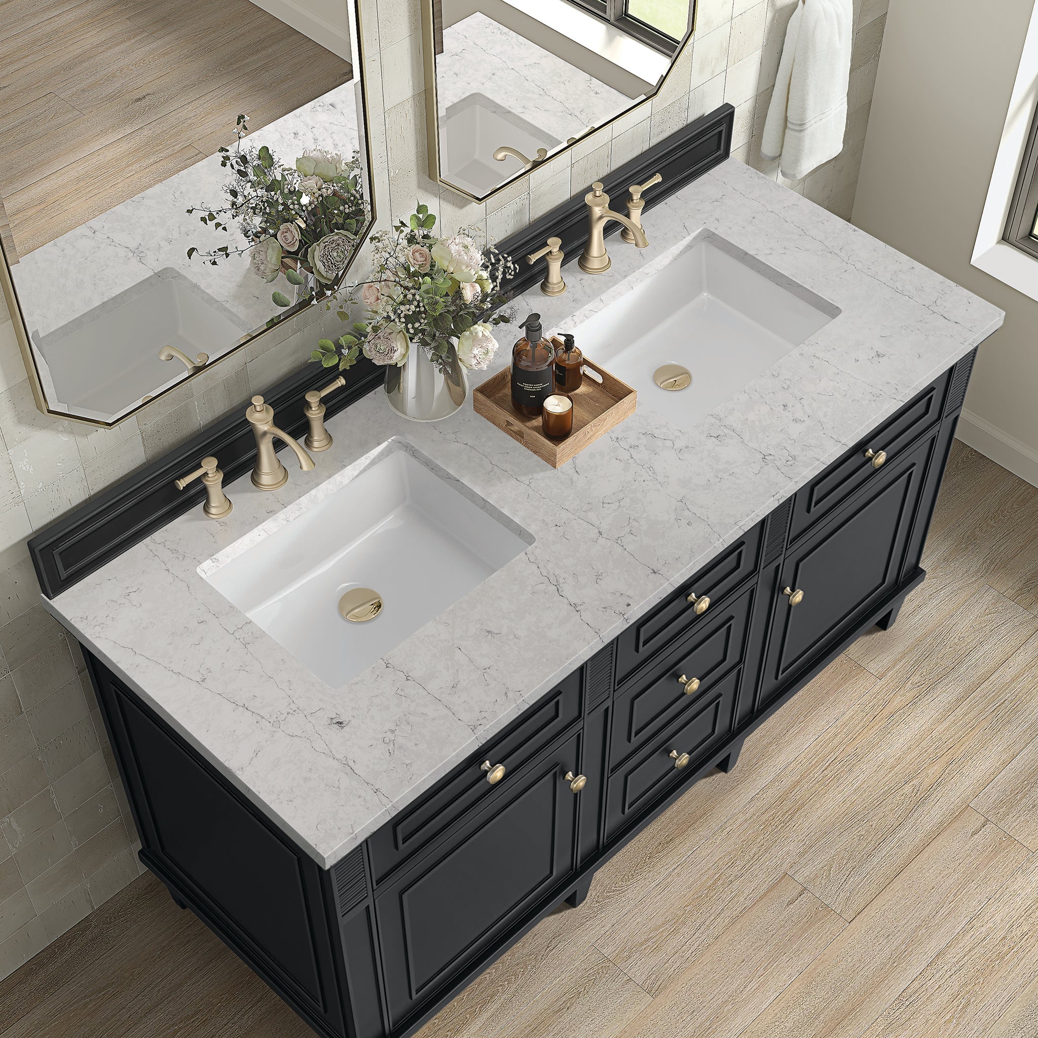 James Martin Lorelai 60" Double Bathroom Vanity, Black Onyx with Eternal Jasmine Pearl countertop