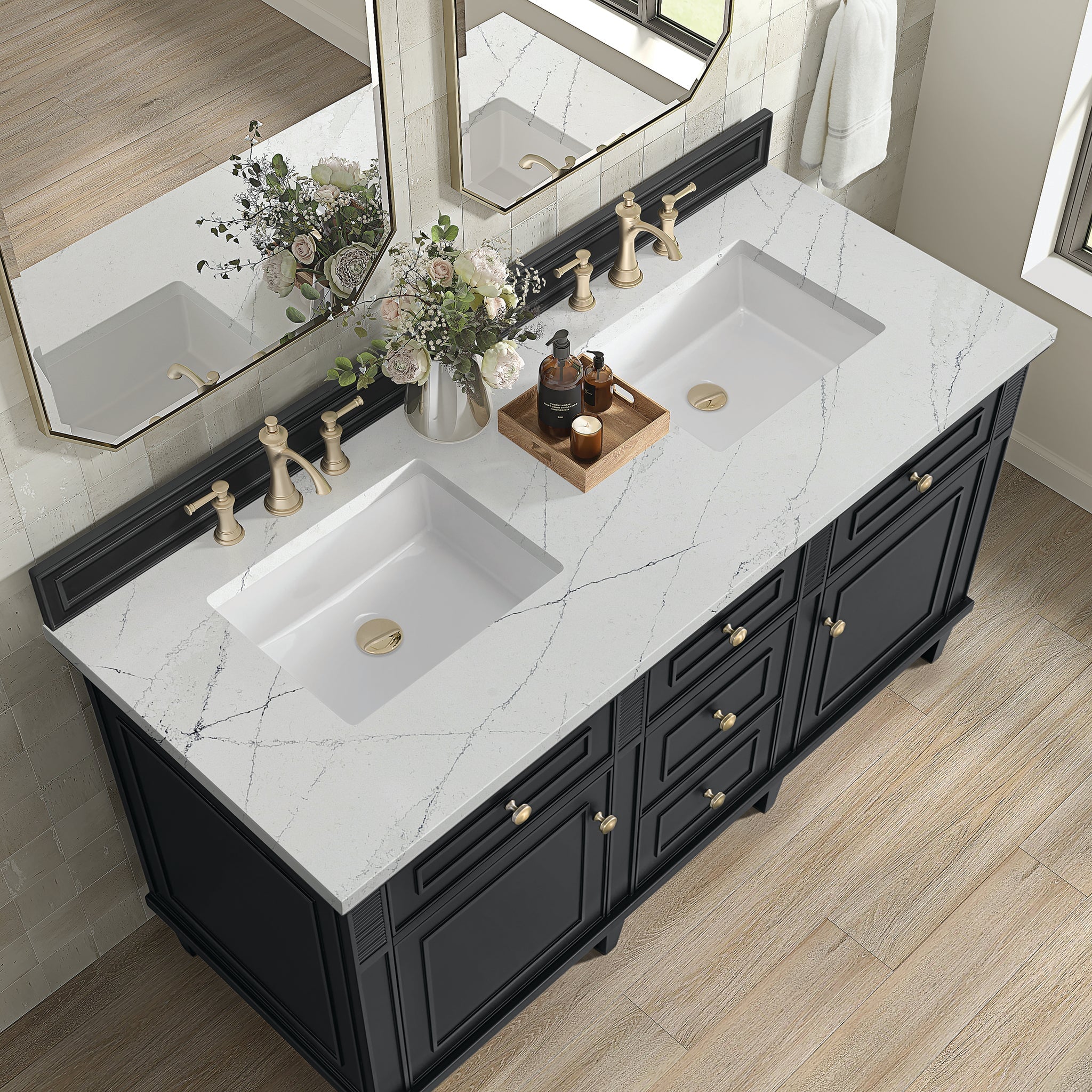 James Martin Lorelai 60" Double Bathroom Vanity, Black Onyx with Ethereal Noctis countertop