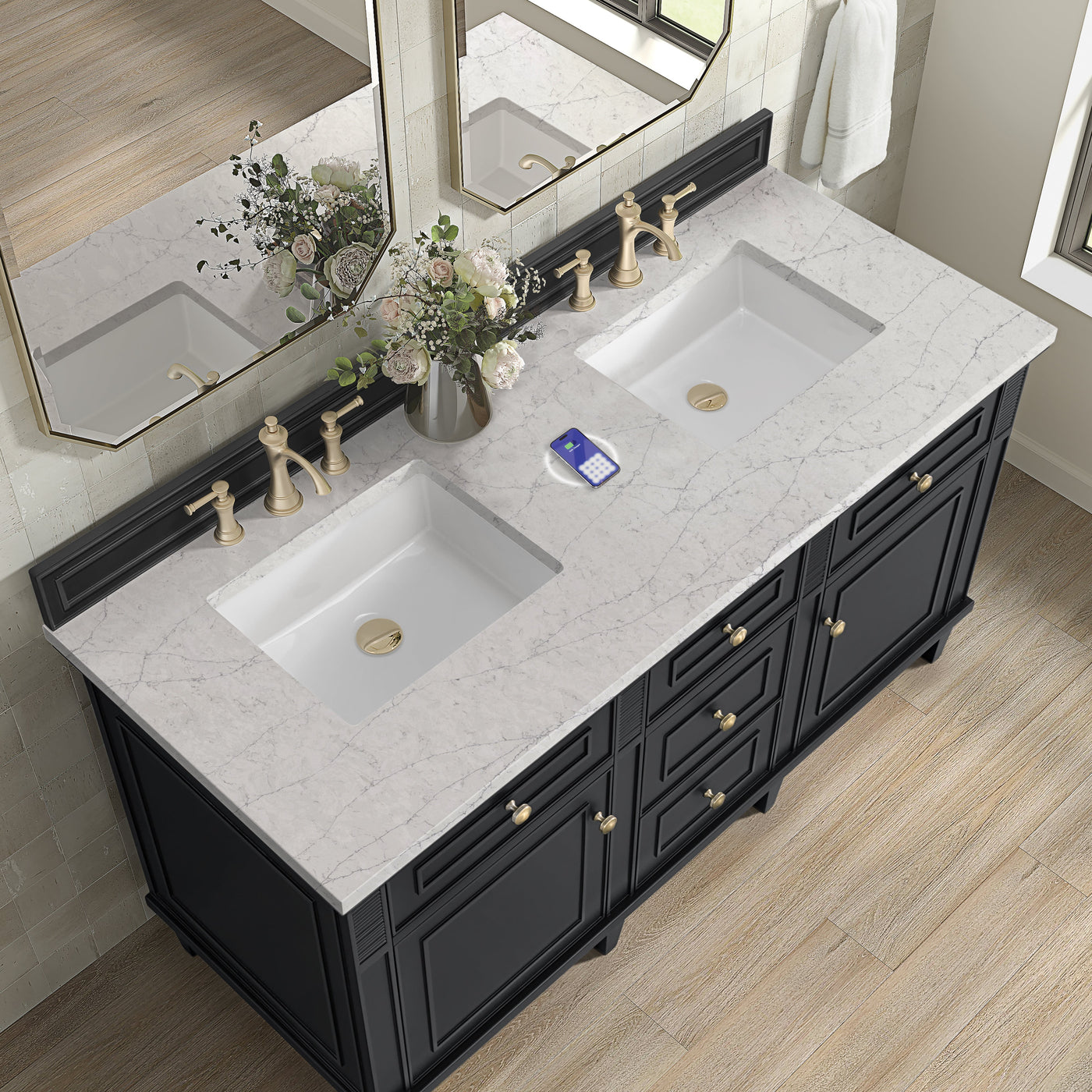 James Martin Lorelai 60" Double Bathroom Vanity, Black Onyx with Eternal Jasmine Pearl (FreePower) countertop