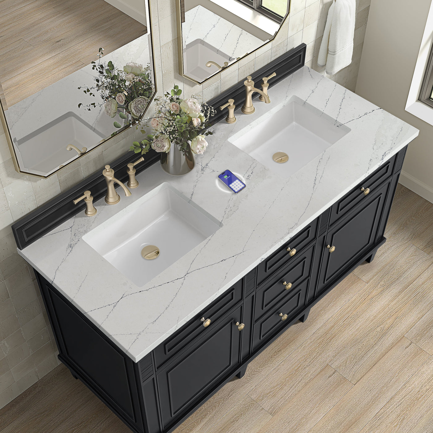James Martin Lorelai 60" Double Bathroom Vanity, Black Onyx with Ethereal Noctis (FreePower) countertop