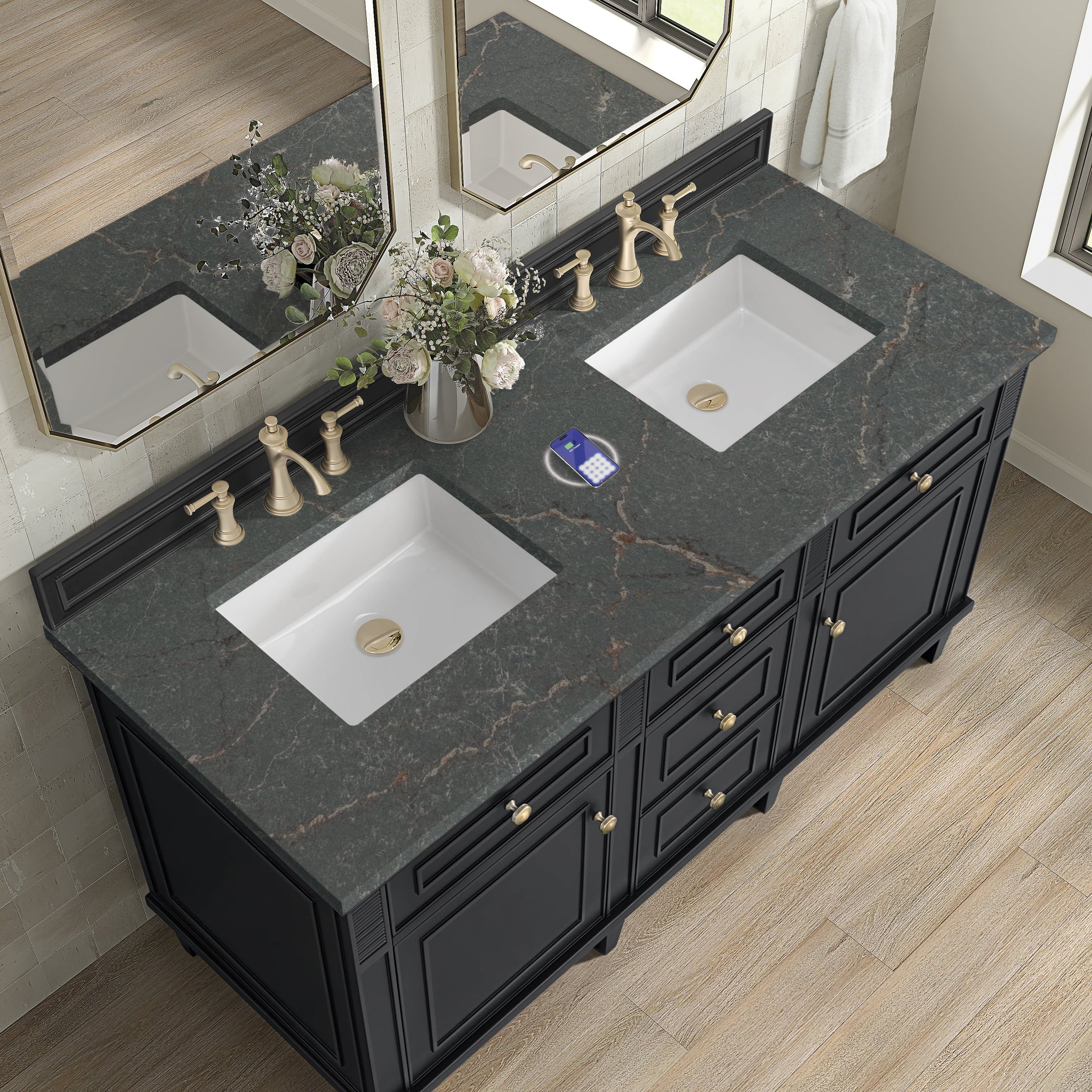 James Martin Lorelai 60" Double Bathroom Vanity, Black Onyx with Parisien Bleu (FreePower) countertop