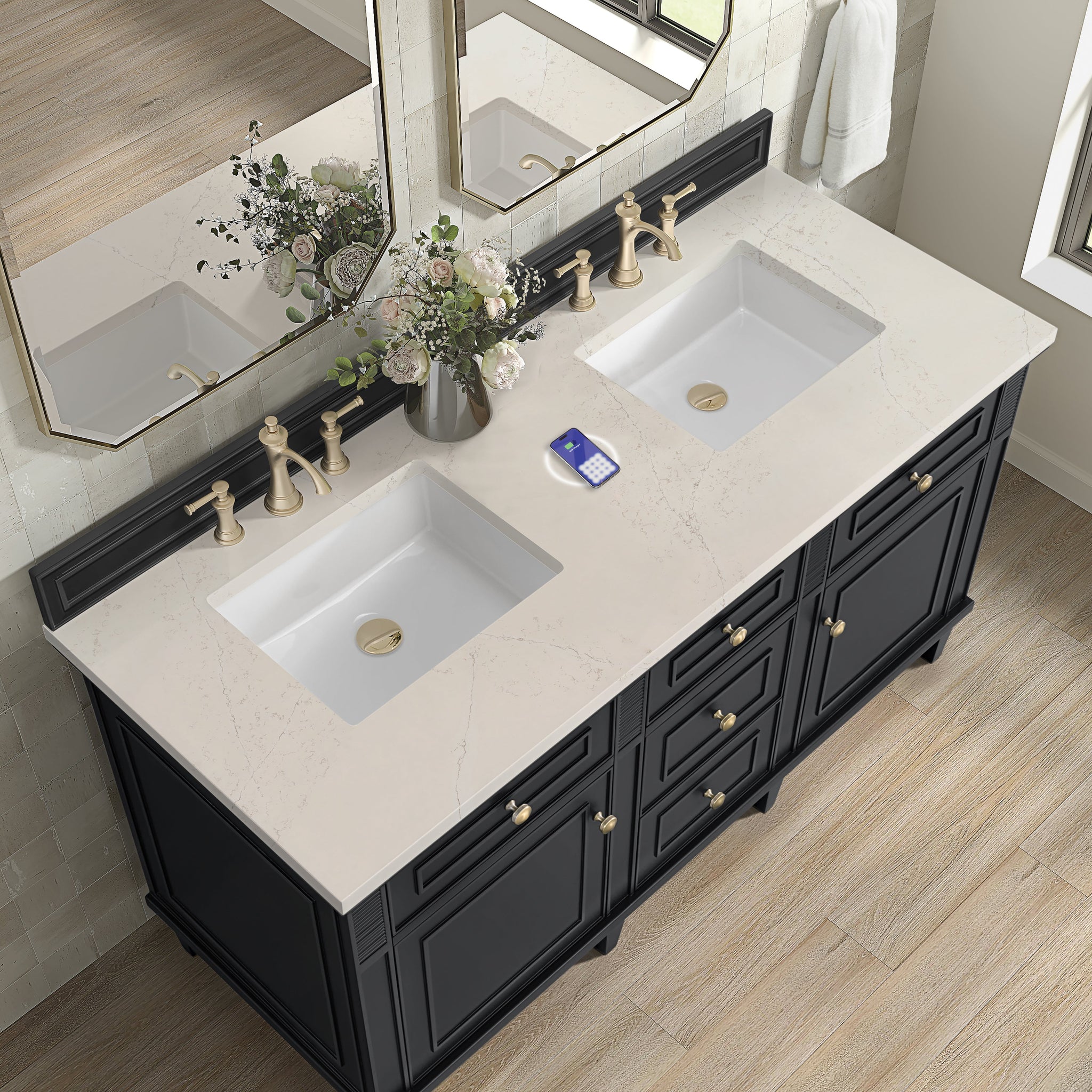 James Martin Lorelai 60" Double Bathroom Vanity, Black Onyx with Siberian (FreePower) countertop