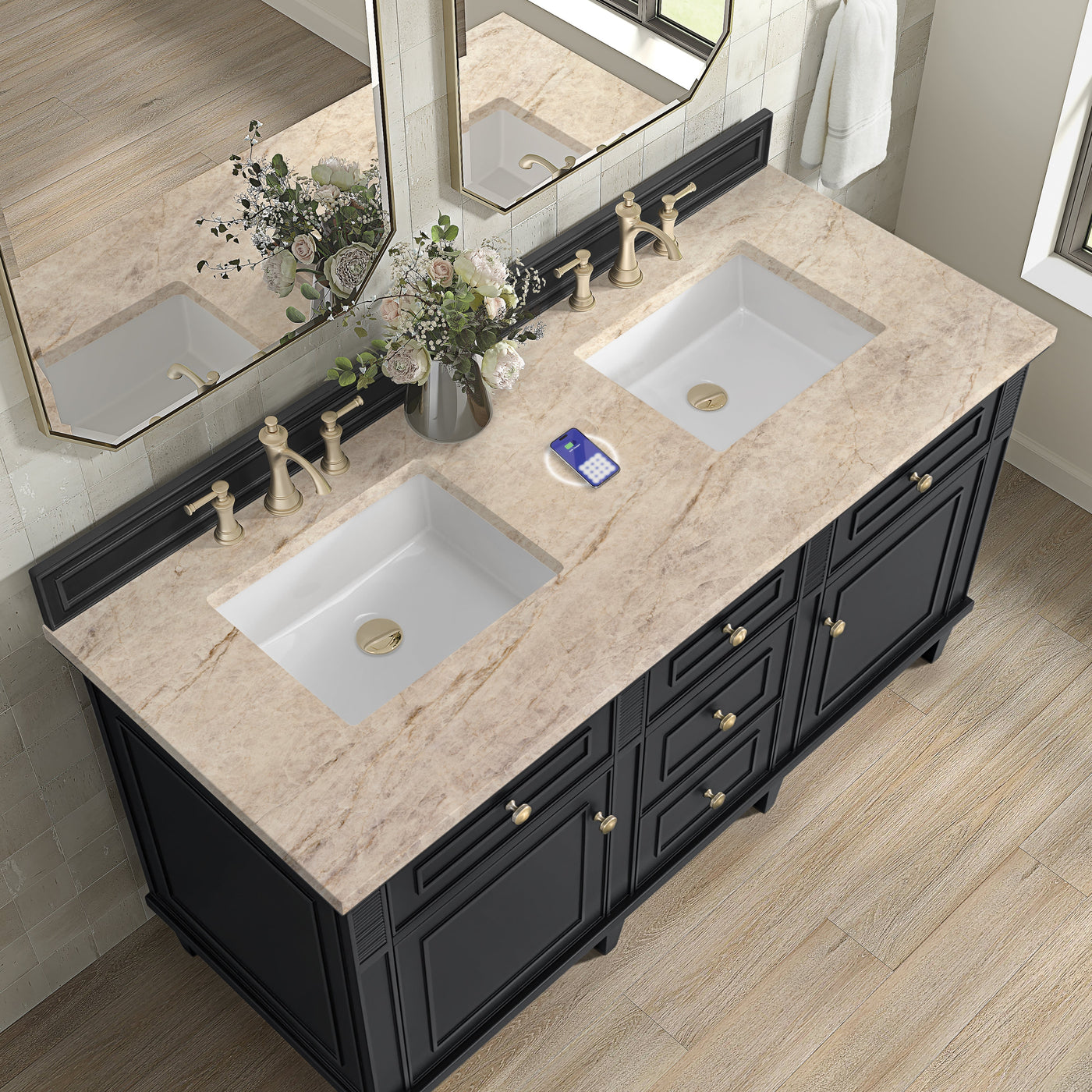 James Martin Lorelai 60" Double Bathroom Vanity, Black Onyx with Tajnar (FreePower) countertop