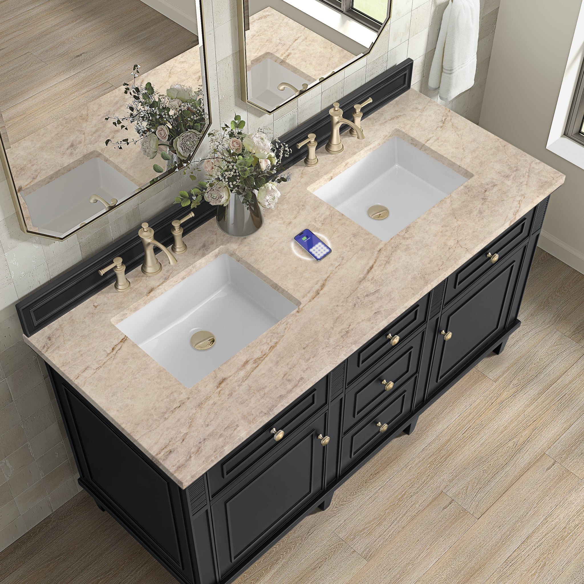 James Martin Lorelai 60" Double Bathroom Vanity, Black Onyx with Tajnar (FreePower) countertop