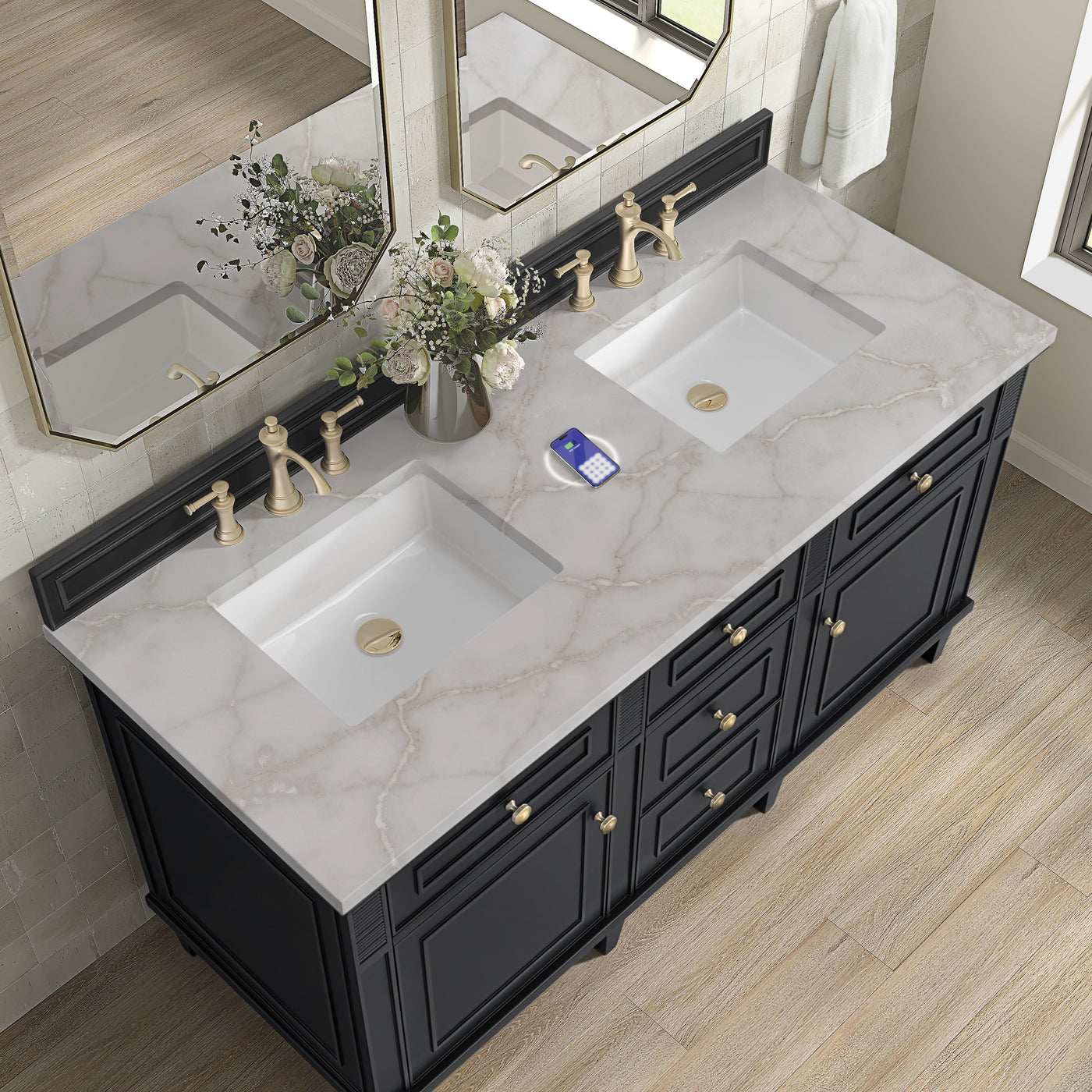 James Martin Lorelai 60" Double Bathroom Vanity, Black Onyx with Victorian Silver (FreePower) countertop