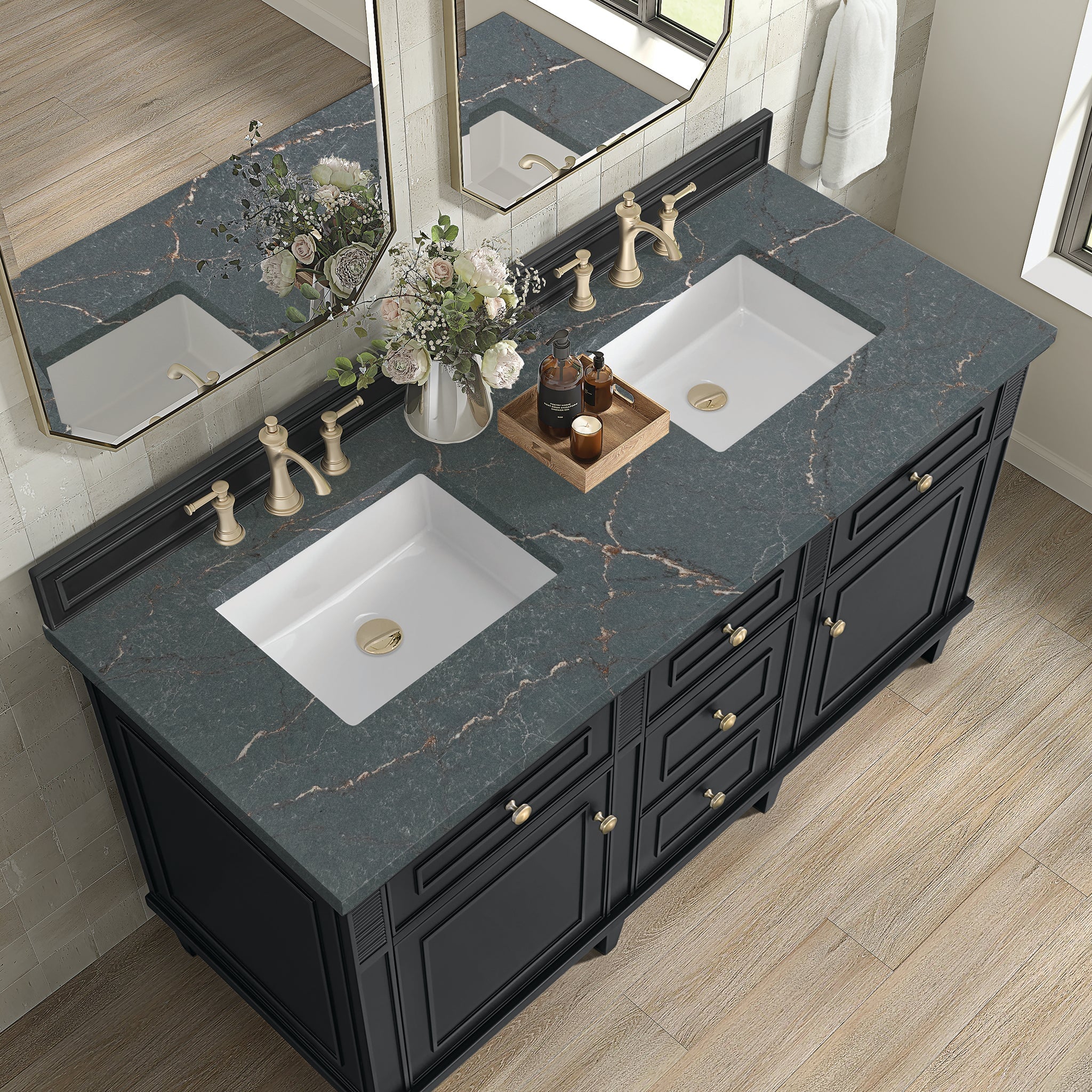 James Martin Lorelai 60" Double Bathroom Vanity, Black Onyx with Parisien Bleu countertop
