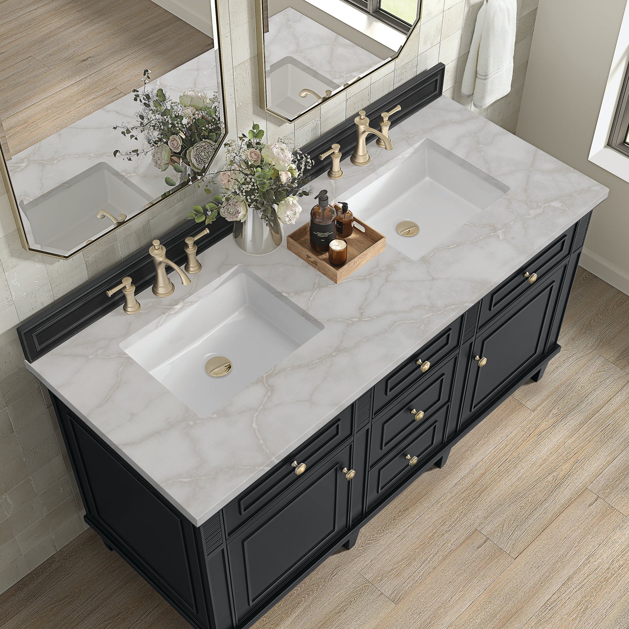 James Martin Lorelai 60" Double Bathroom Vanity, Black Onyx with Victorian Silver countertop