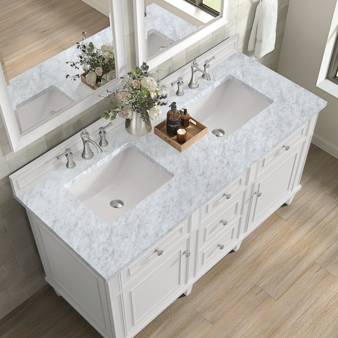 James Martin Lorelai 60" Double Bathroom Vanity, Bright White with Carrara White countertop