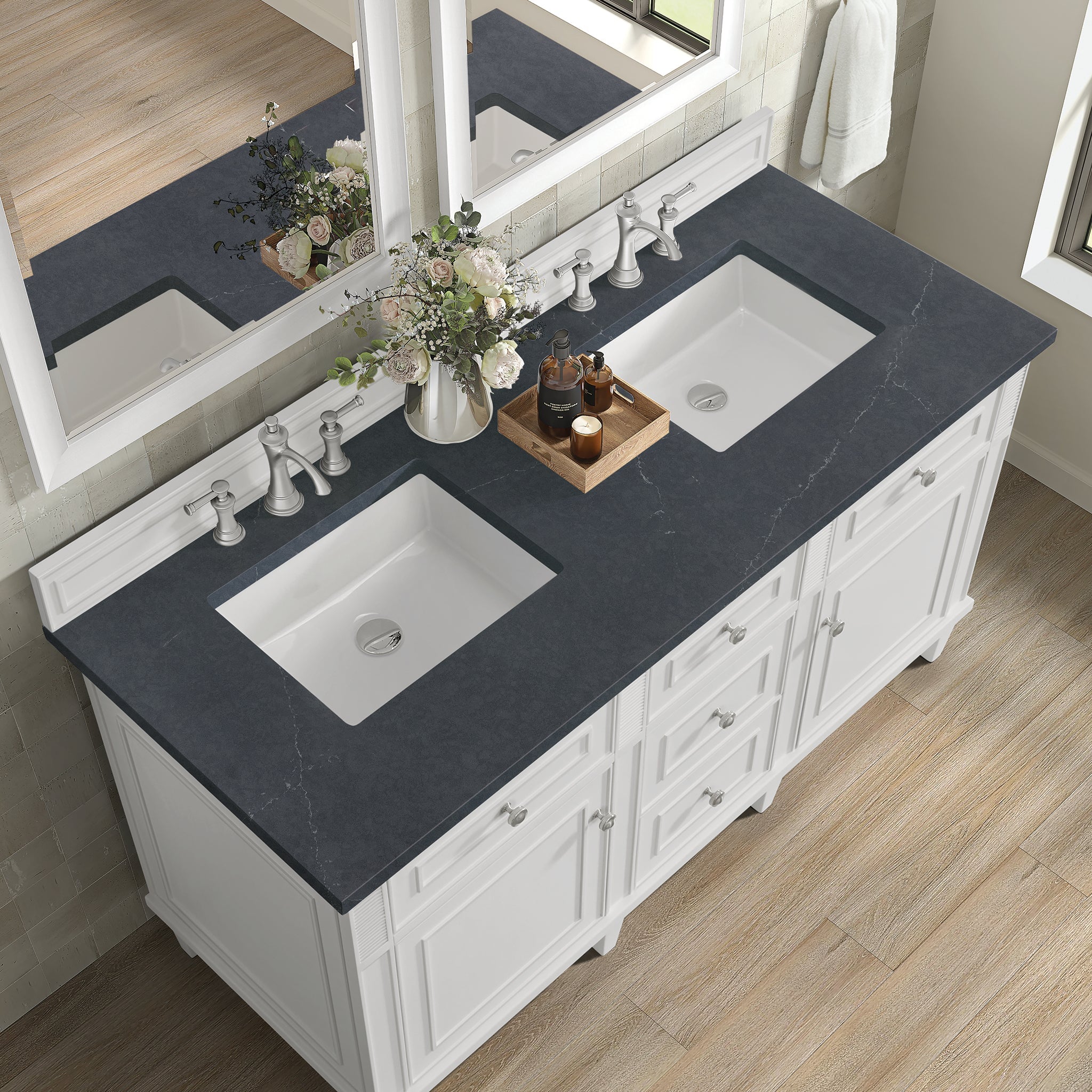James Martin Lorelai 60" Double Bathroom Vanity, Bright White with Charcoal Soapstone countertop