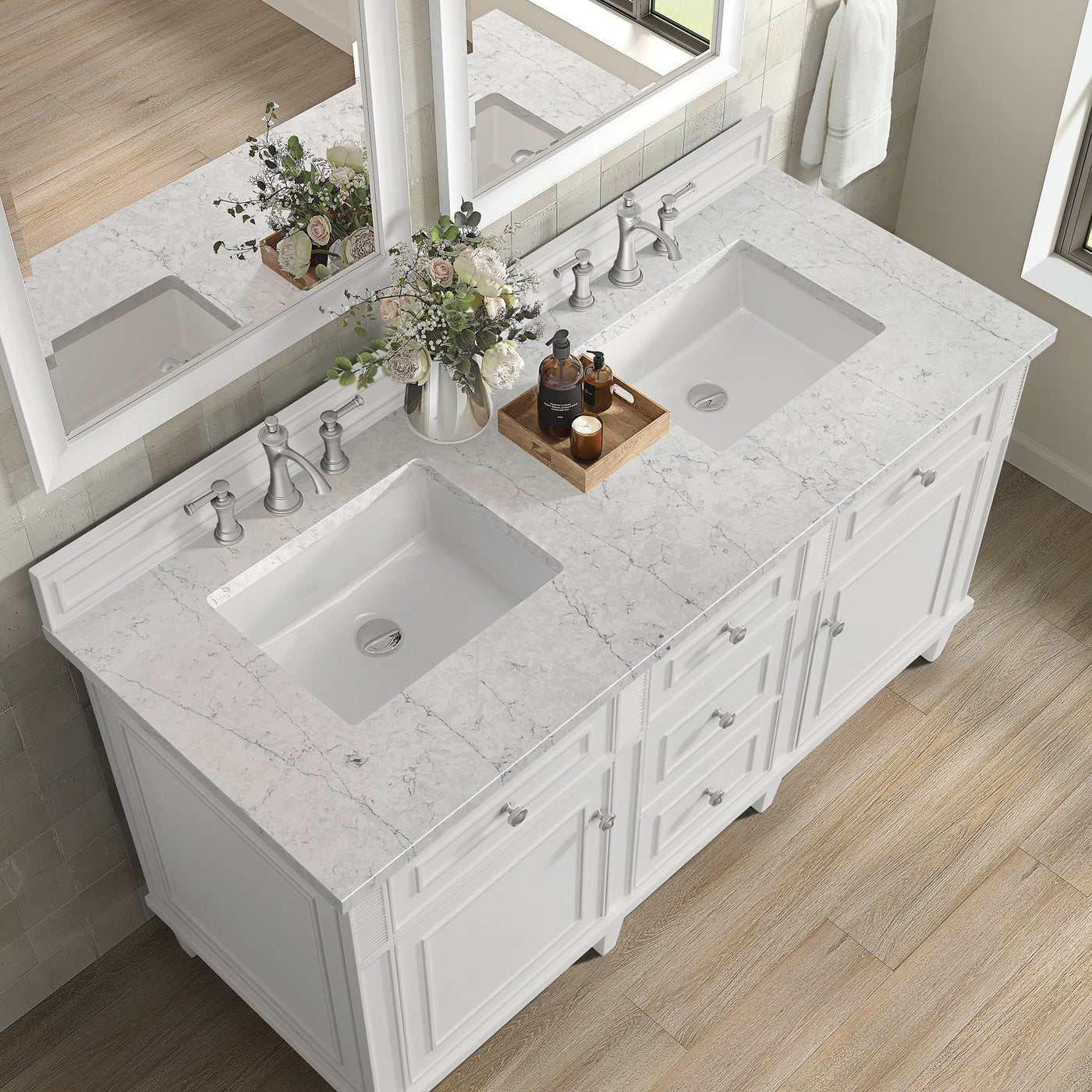 James Martin Lorelai 60" Double Bathroom Vanity, Bright White with Eternal Jasmine Pearl countertop