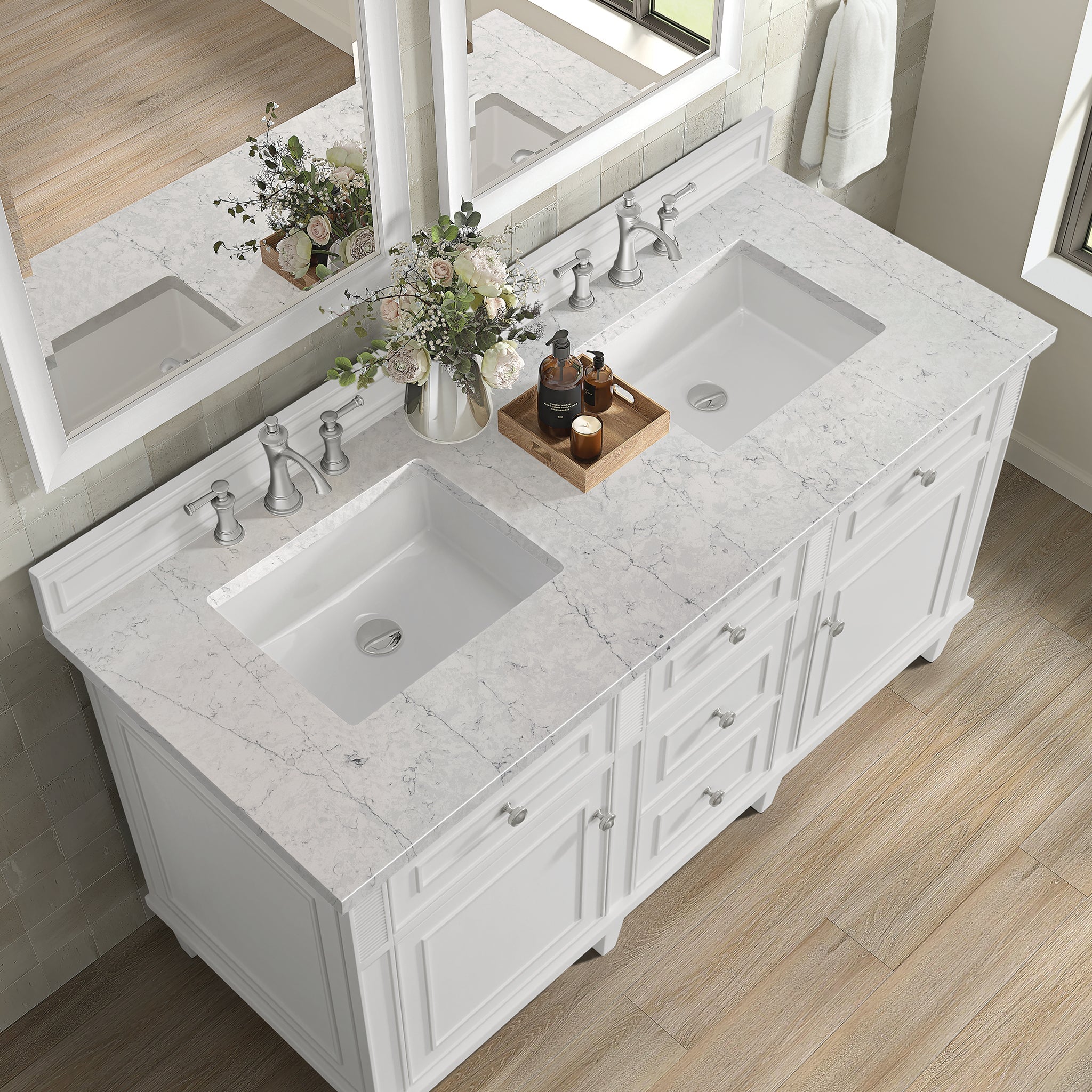 James Martin Lorelai 60" Double Bathroom Vanity, Bright White with Eternal Jasmine Pearl countertop