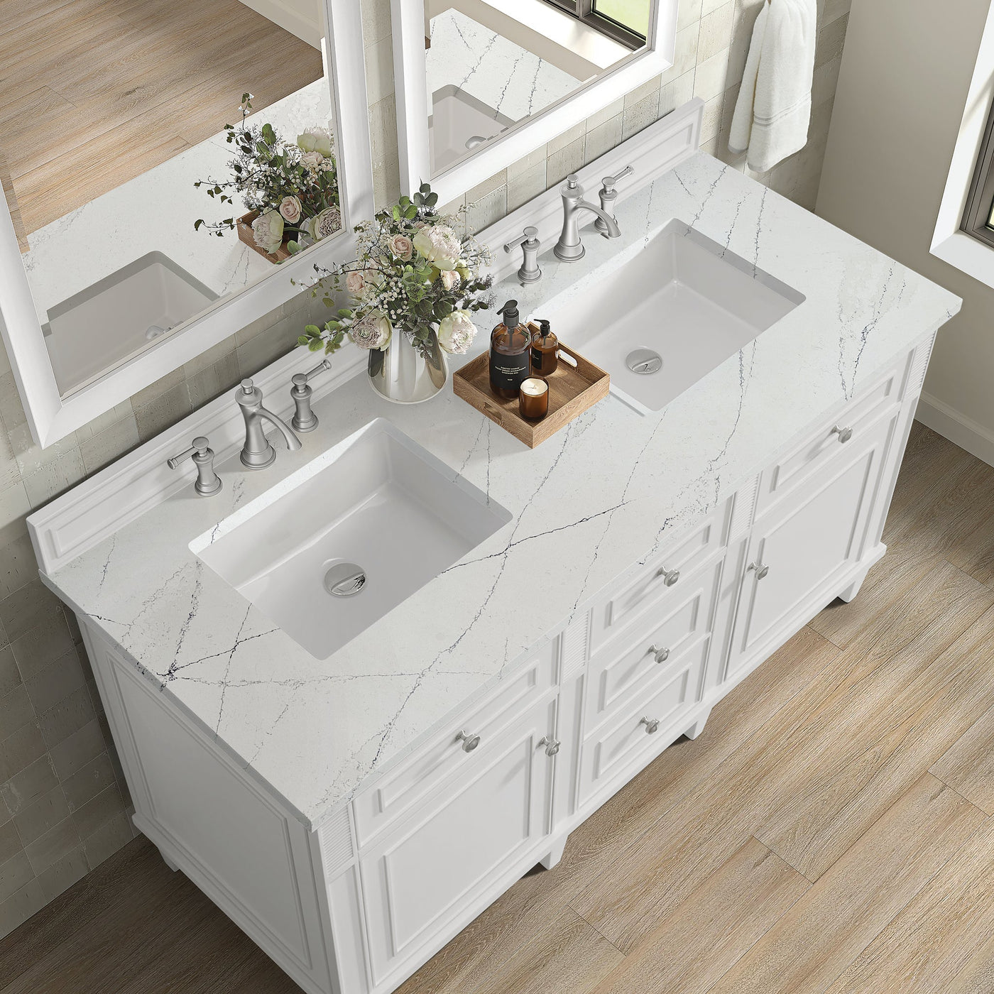 James Martin Lorelai 60" Double Bathroom Vanity, Bright White with Ethereal Noctis countertop