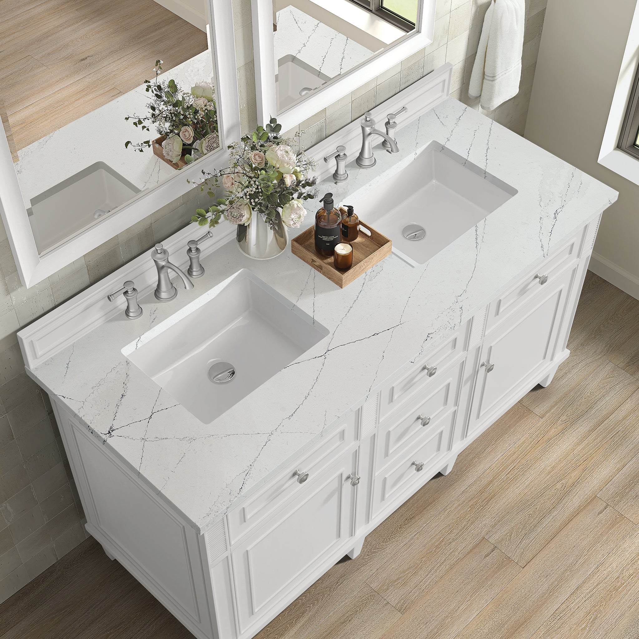 James Martin Lorelai 60" Double Bathroom Vanity, Bright White with Ethereal Noctis countertop