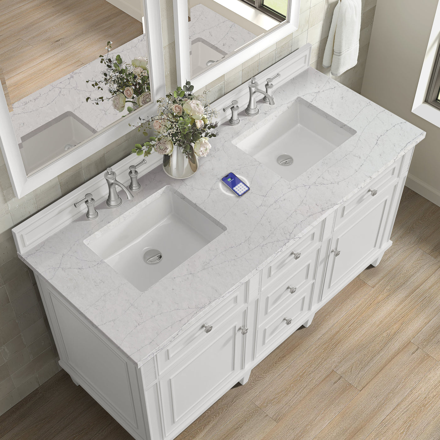 James Martin Lorelai 60" Double Bathroom Vanity, Bright White with Eternal Jasmine Pearl (FreePower) countertop