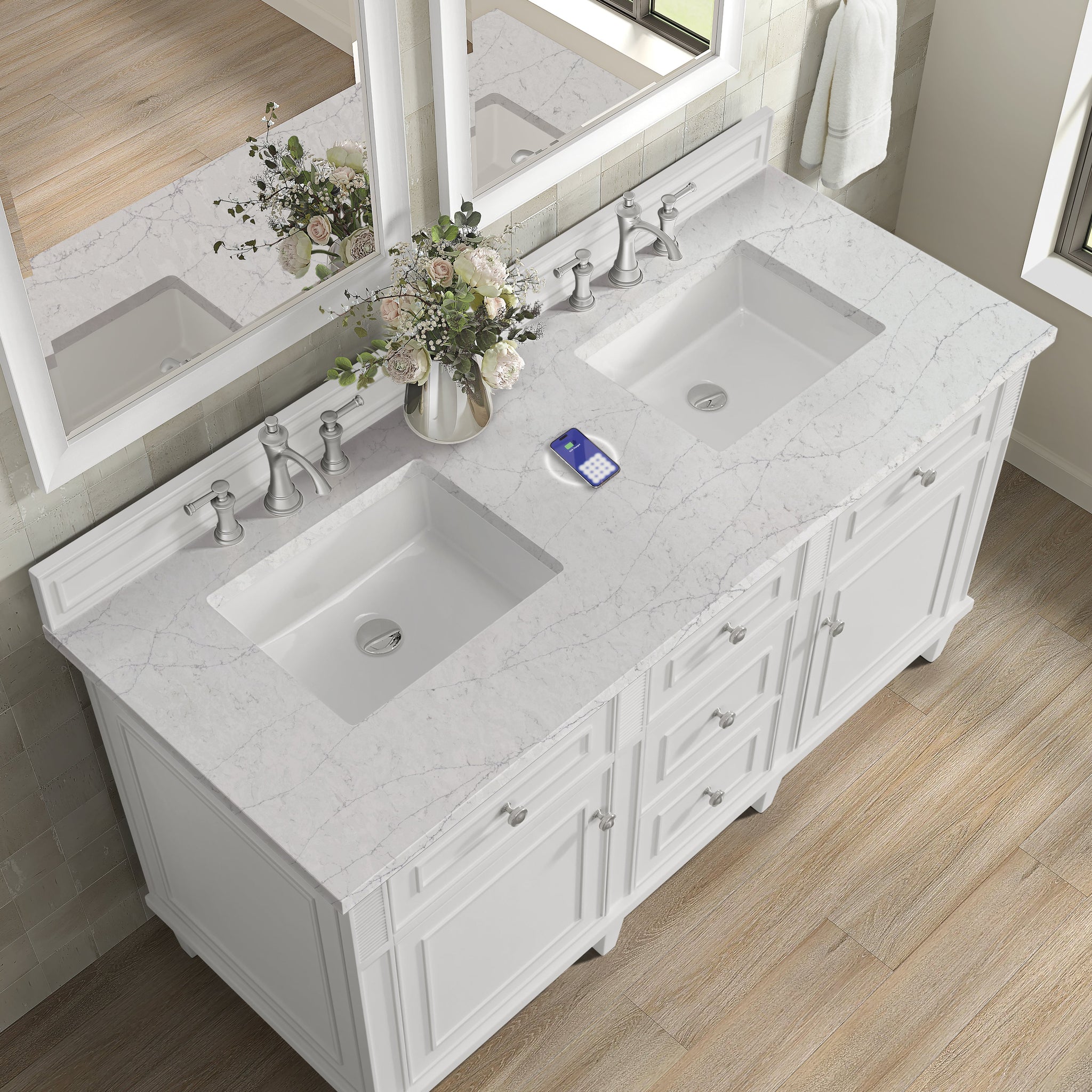 James Martin Lorelai 60" Double Bathroom Vanity, Bright White with Eternal Jasmine Pearl (FreePower) countertop