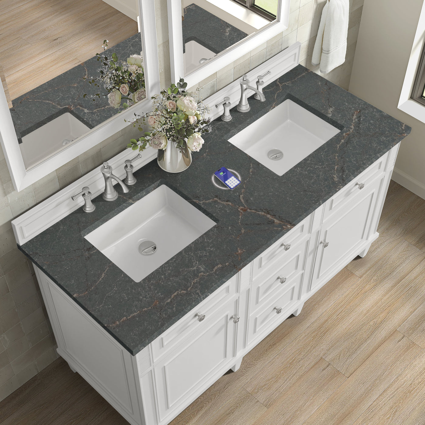 James Martin Lorelai 60" Double Bathroom Vanity, Bright White with Parisien Bleu (FreePower) countertop