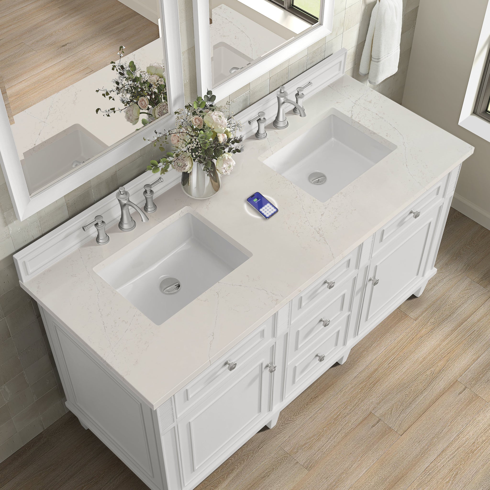 James Martin Lorelai 60" Double Bathroom Vanity, Bright White with Siberian (FreePower) countertop