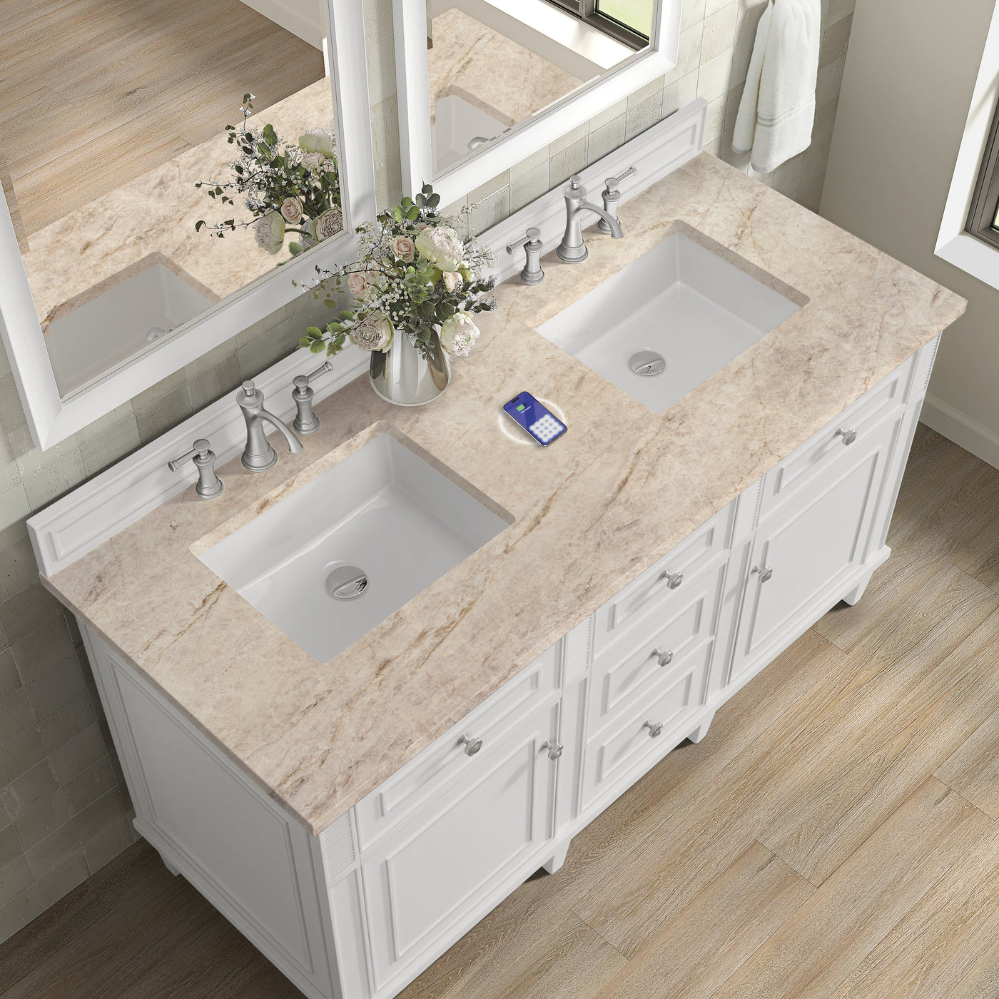 James Martin Lorelai 60" Double Bathroom Vanity, Bright White with Tajnar (FreePower) countertop