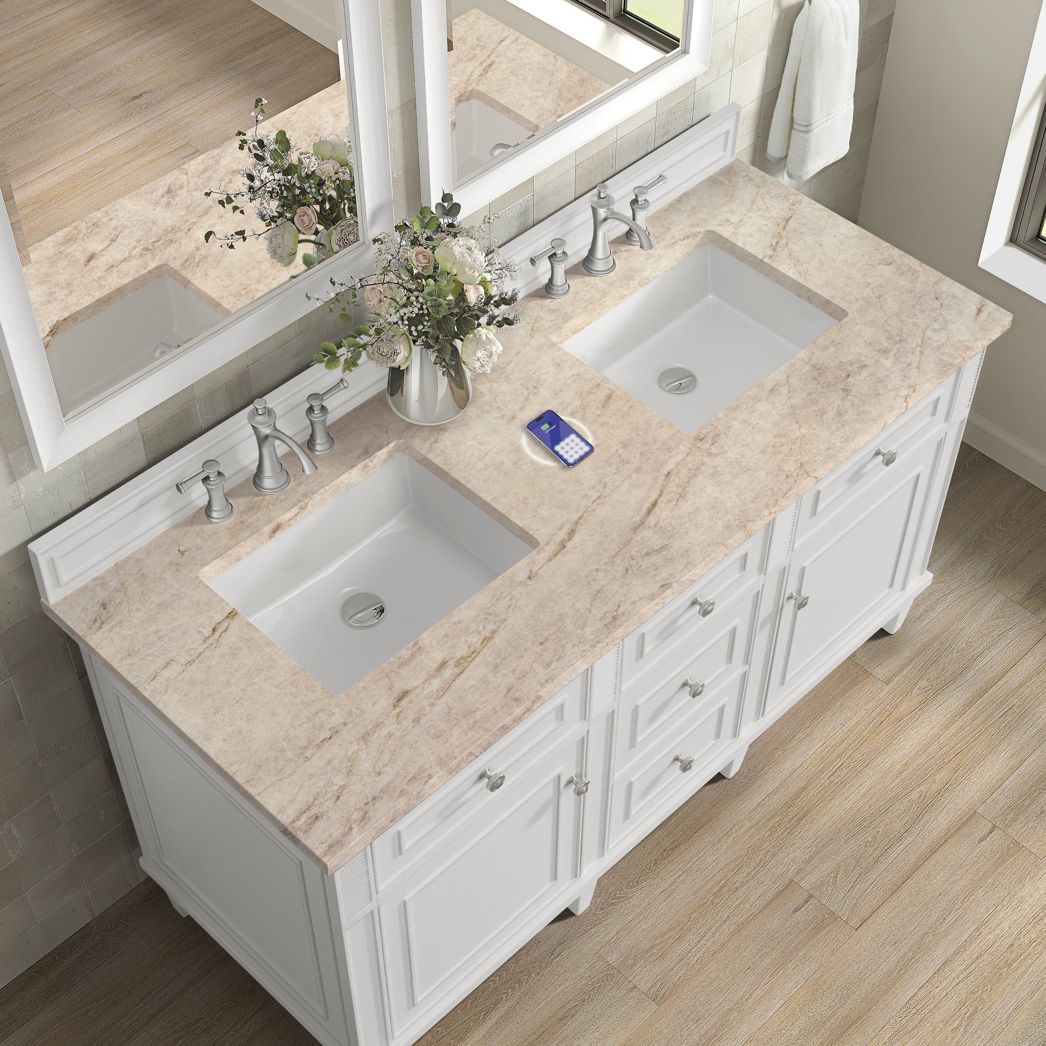 James Martin Lorelai 60" Double Bathroom Vanity, Bright White with Tajnar (FreePower) countertop