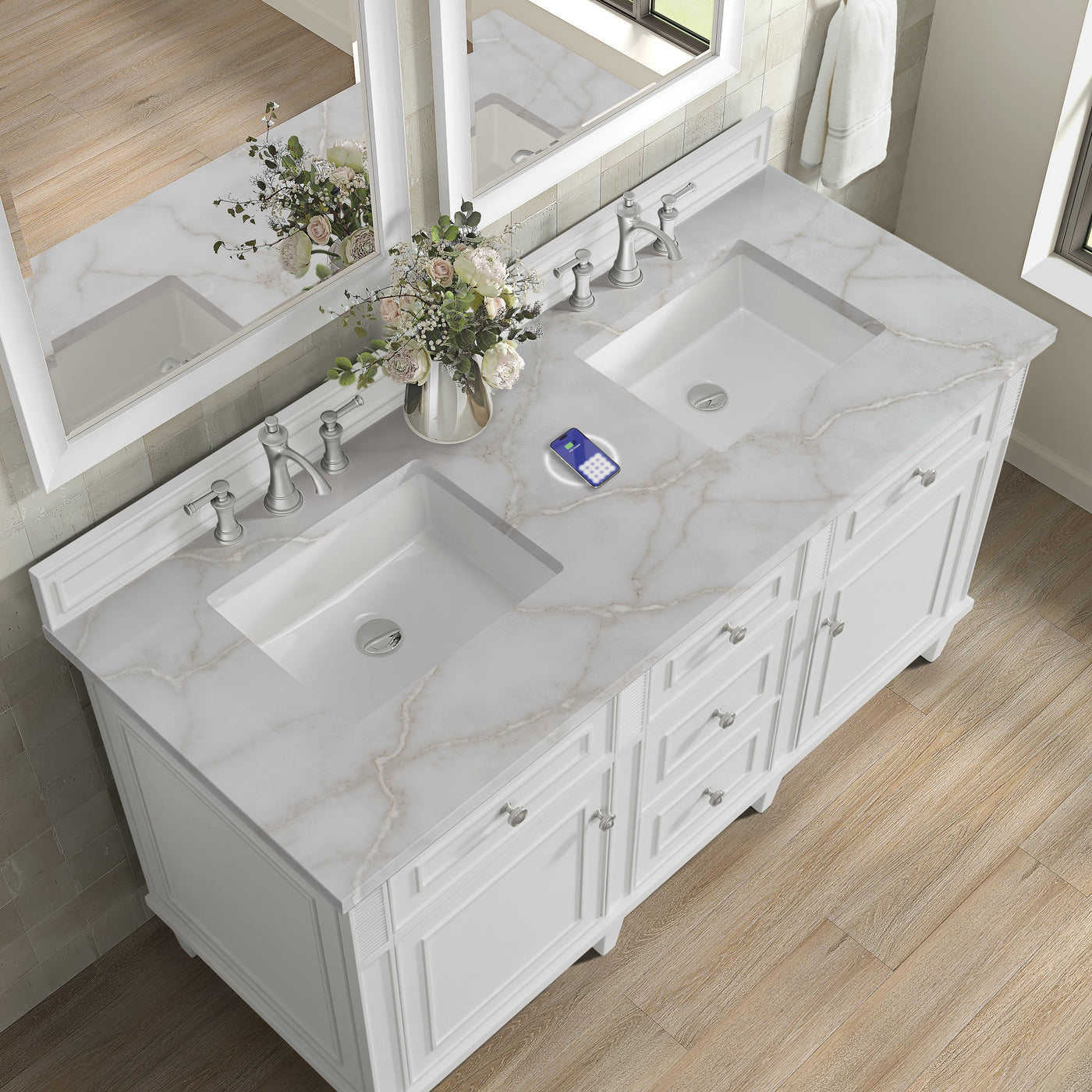 James Martin Lorelai 60" Double Bathroom Vanity, Bright White with Victorian Silver (FreePower) countertop