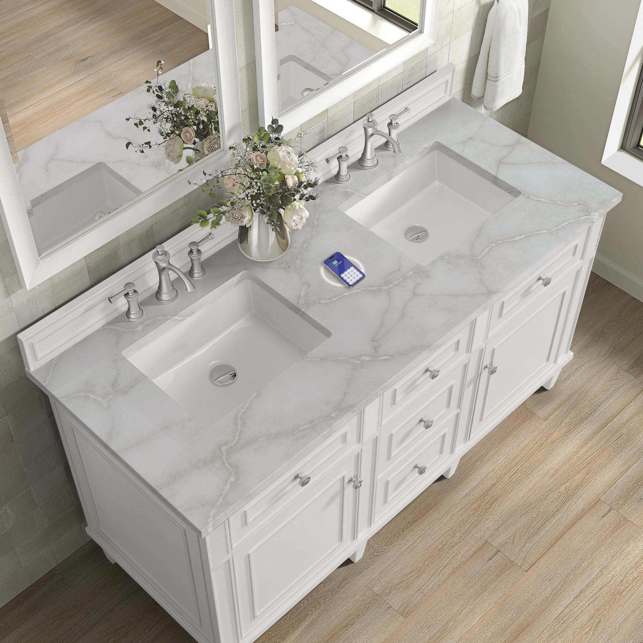 James Martin Lorelai 60" Double Bathroom Vanity, Bright White with Victorian Silver (FreePower) countertop