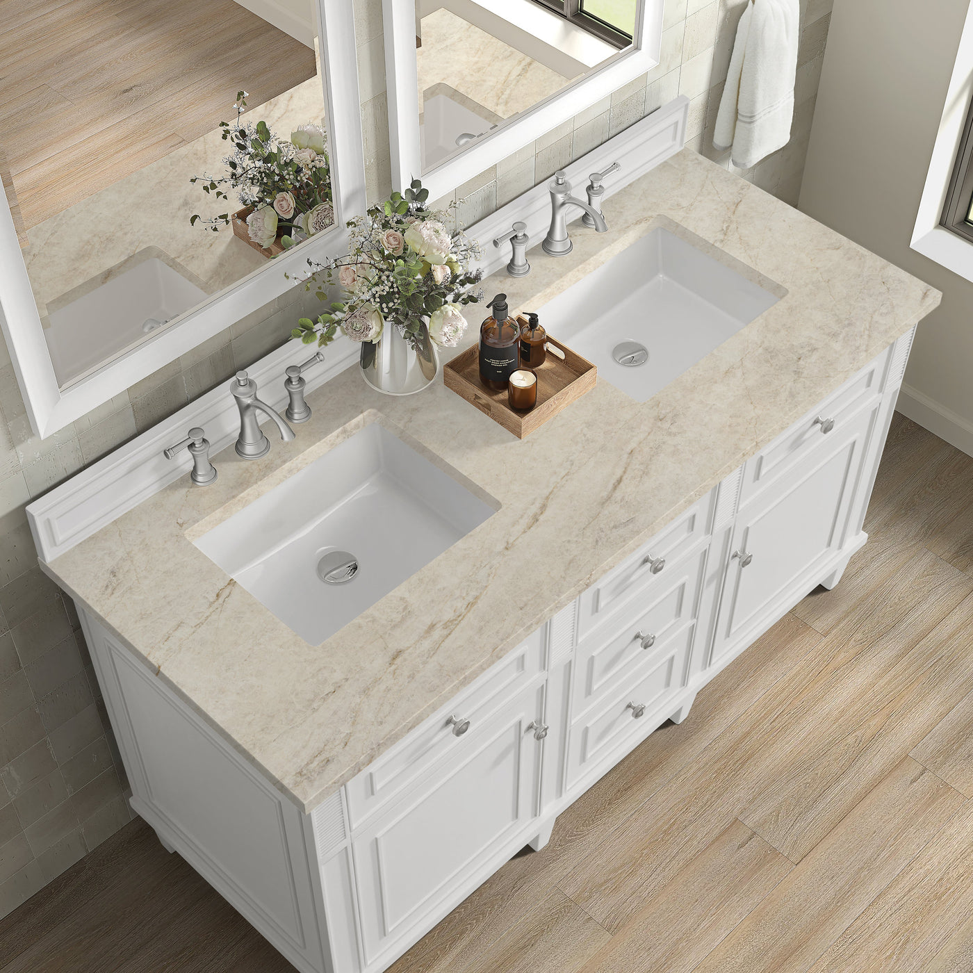 James Martin Lorelai 60" Double Bathroom Vanity, Bright White with Tajnar countertop