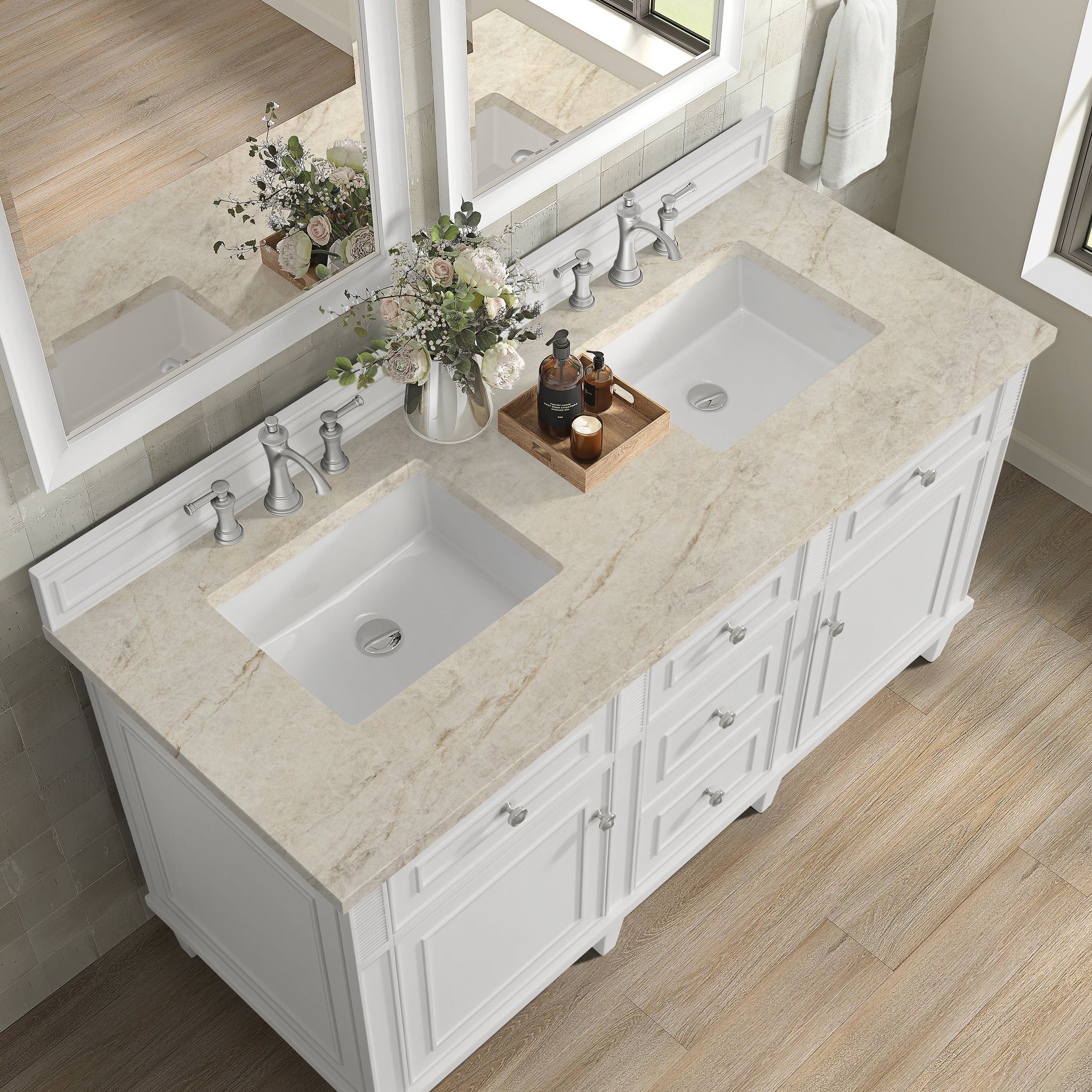 James Martin Lorelai 60" Double Bathroom Vanity, Bright White with Tajnar countertop