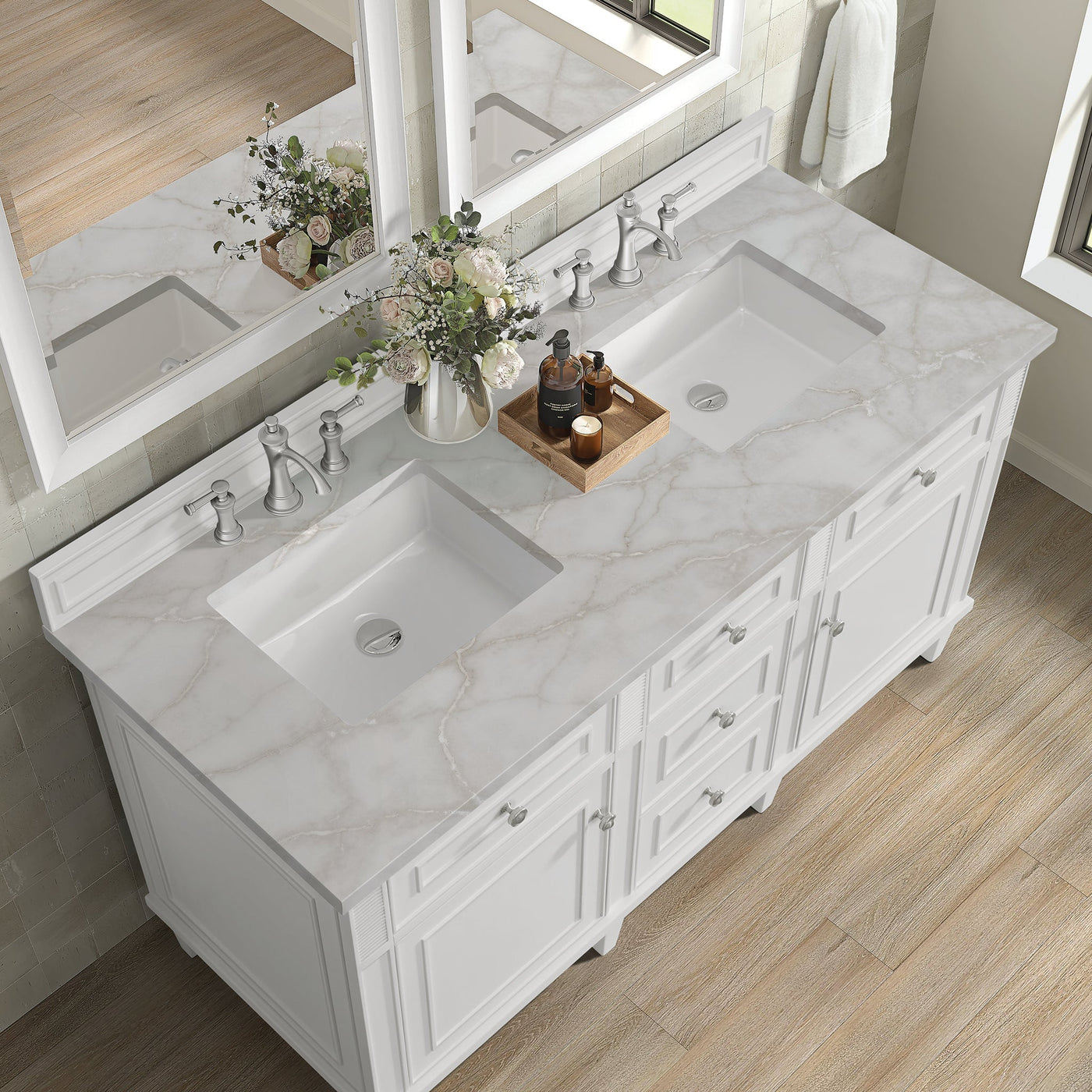 James Martin Lorelai 60" Double Bathroom Vanity, Bright White with Victorian Silver countertop