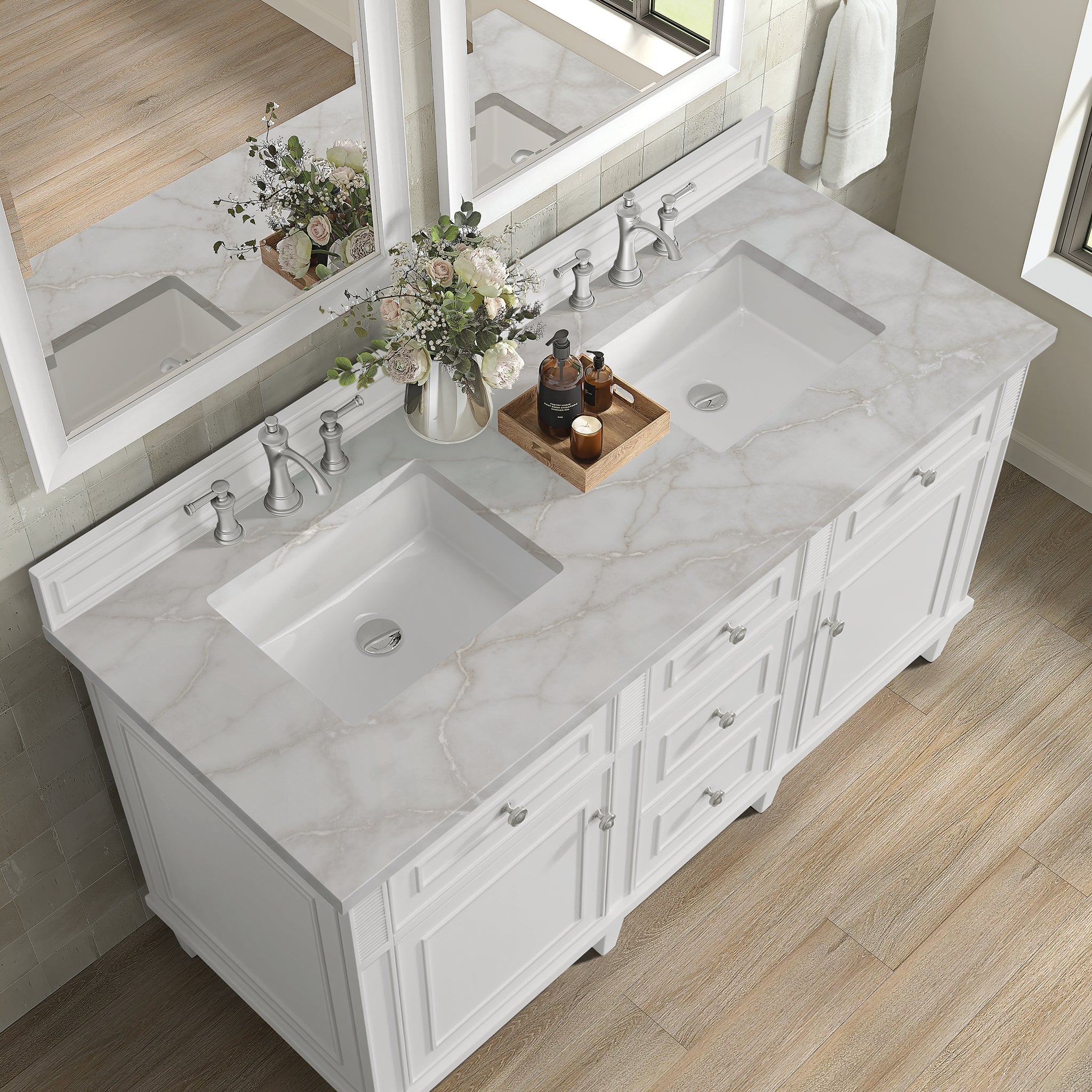 James Martin Lorelai 60" Double Bathroom Vanity, Bright White with Victorian Silver countertop